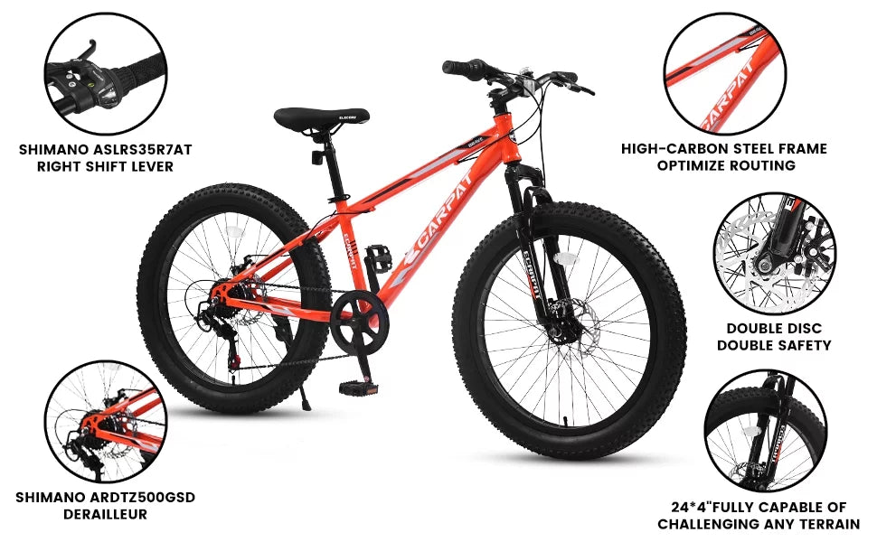 24 inch fat tire bicycle, 7 speed mountain bike, dual disc brake, front suspension, mountain trail bike, adjustable seat, blue