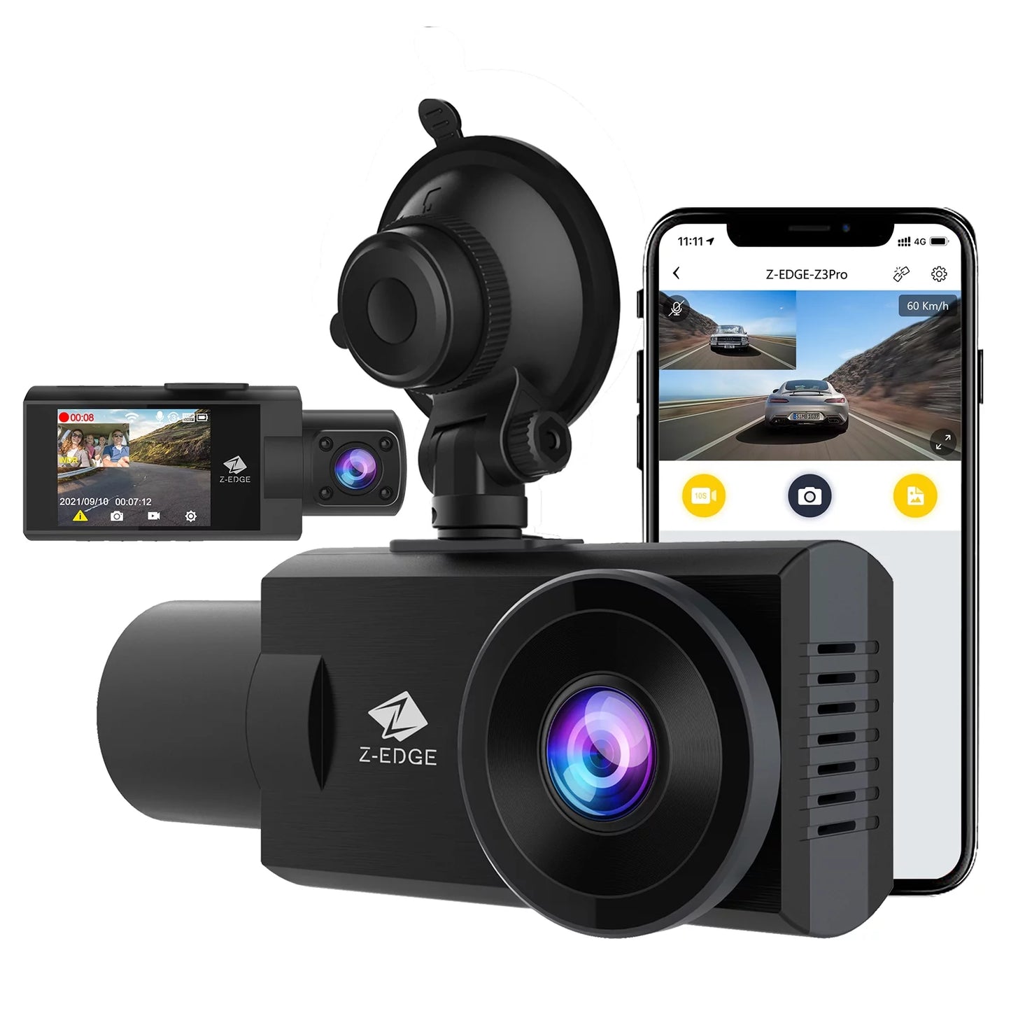 Wifi dash cam, z-edge new version z3pro 2k+1080p front and inside dual dash cam