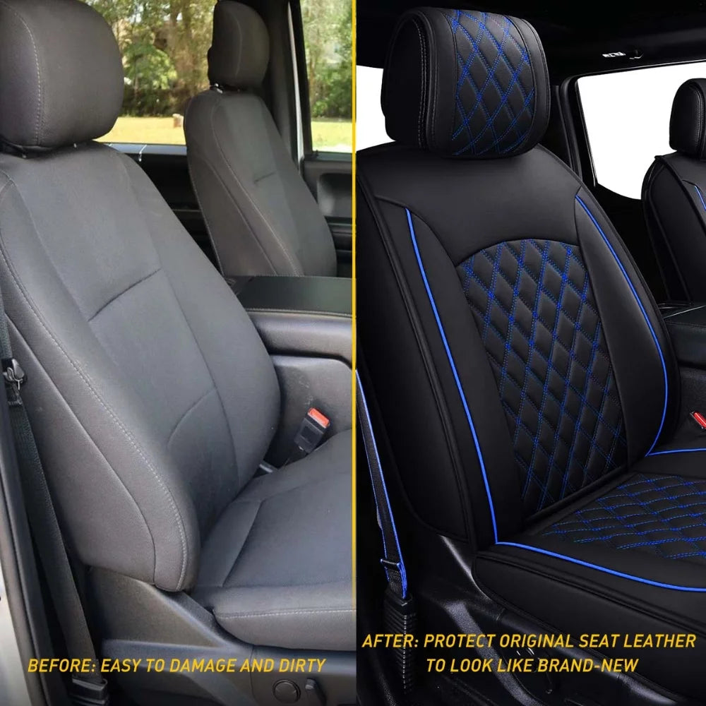 Car seat covers full set with waterproof leather fit for 2009 to 2023 ford f150 and 2017 to 2023 f250 f350 f450,double,extended cab or pickup truck(full set, black-blue)