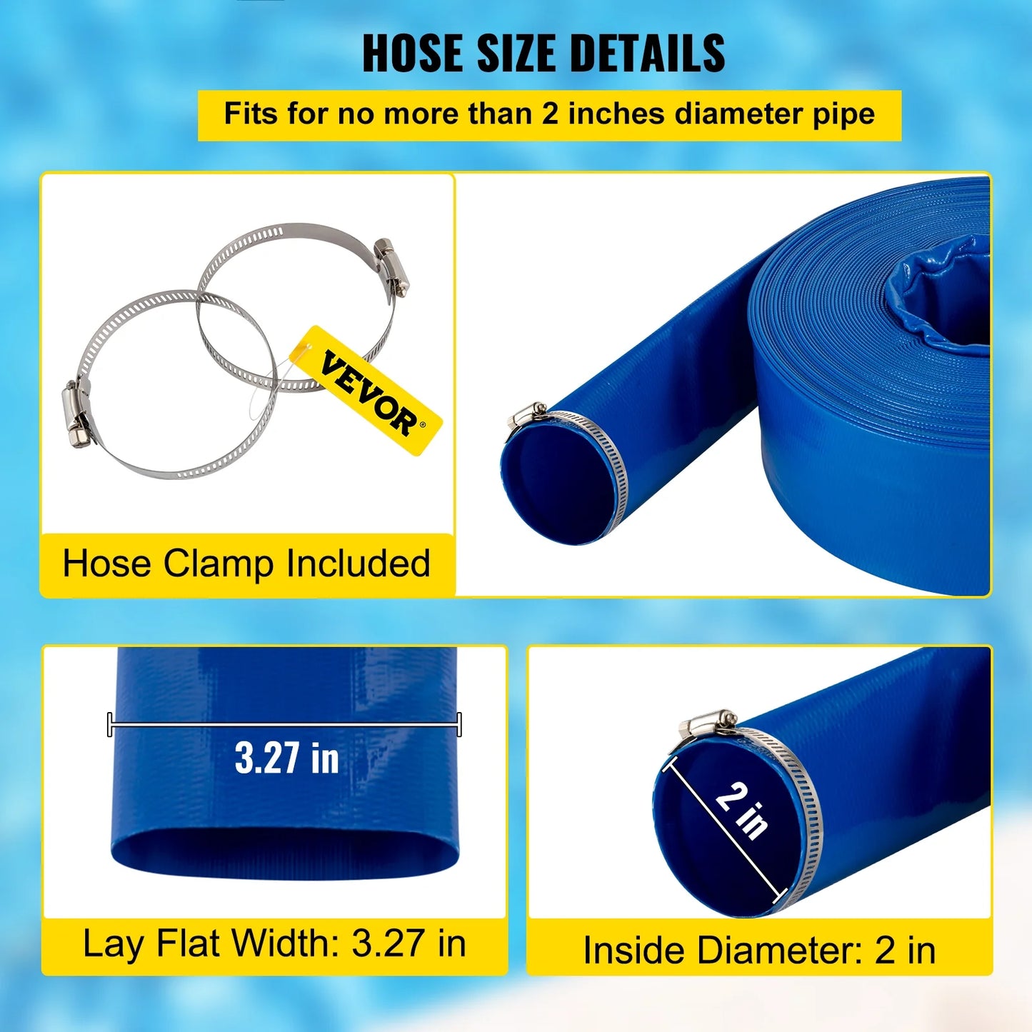 Bentism discharge hose, 2" x 105', pvc fabric lay flat hose, heavy duty backwash drain hose with clamps, weather-proof & burst-proof, ideal for swimming pool & water transfer, blue