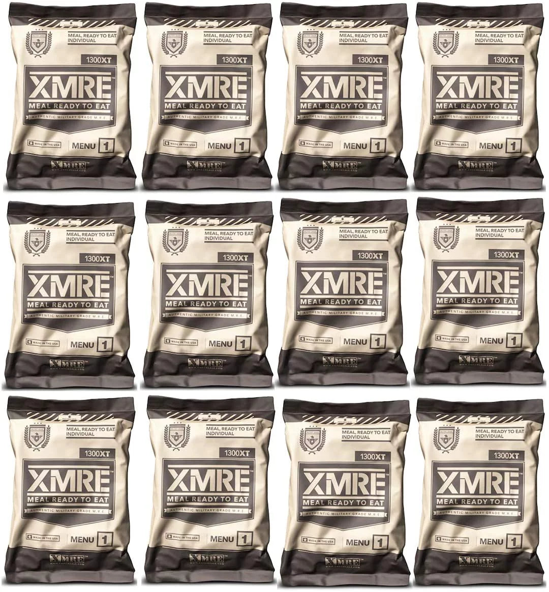 Xmre 1300xt freshly packed in the past 60 days mre meals ready to eat. 12 meals per case. includes assortment of delicious entrees, side dishes, beverage mix, military style 1300 calories.