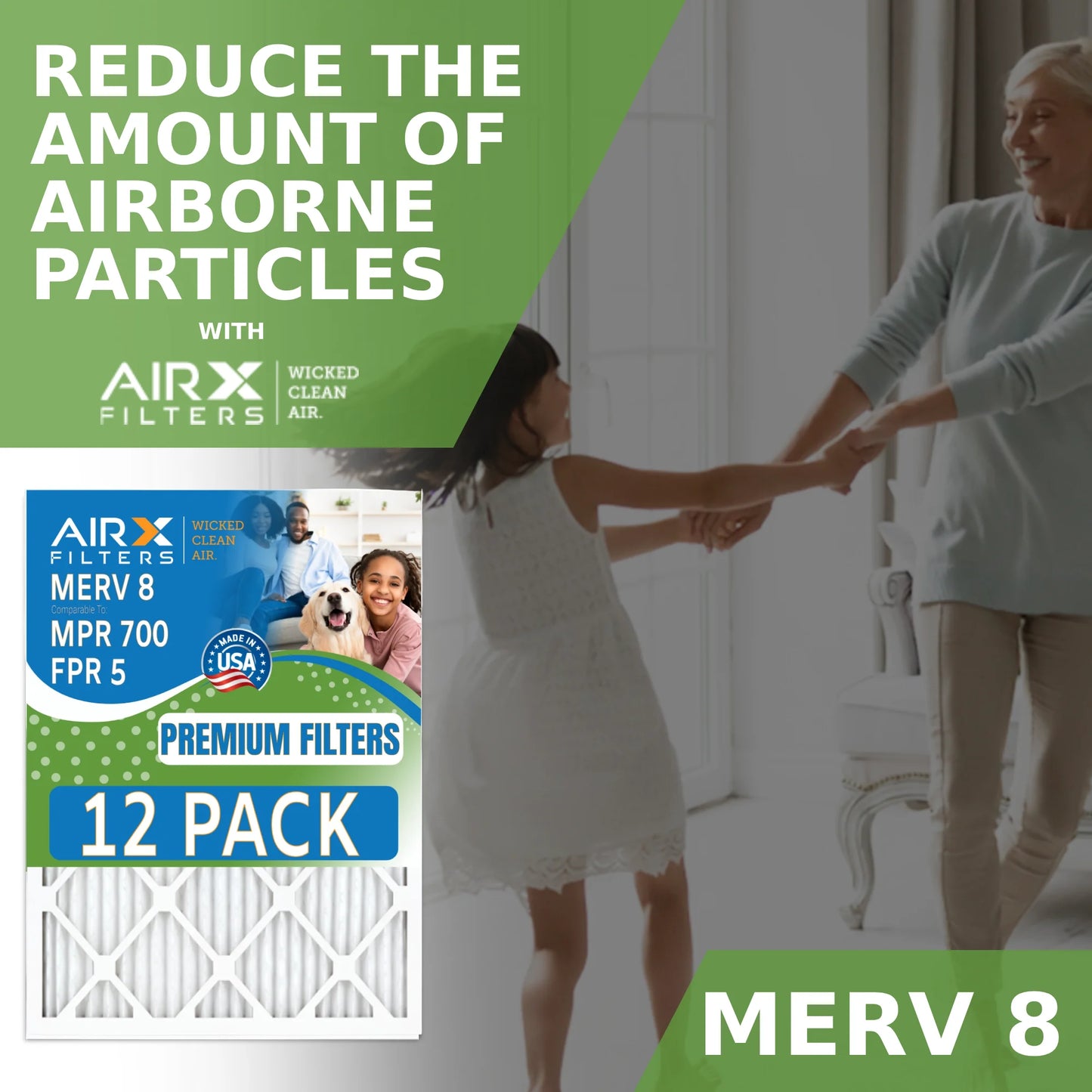 25x25x1 air filter merv 8 rating, 12 pack of furnace filters comparable to mpr 700 & fpr 5 - made in usa by airx filters wicked clean air.