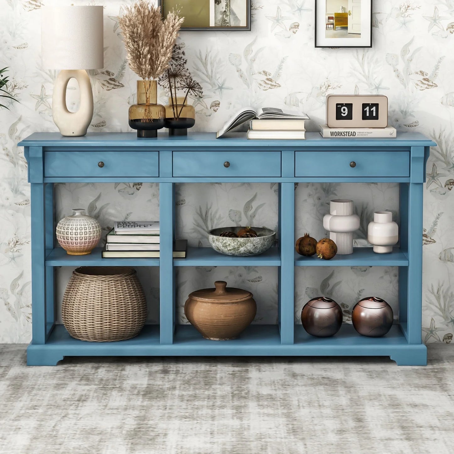 Trexm retro console table/sideboard with ample storage  open shelves and drawers for living room (navy  old sku  wf298765aam)