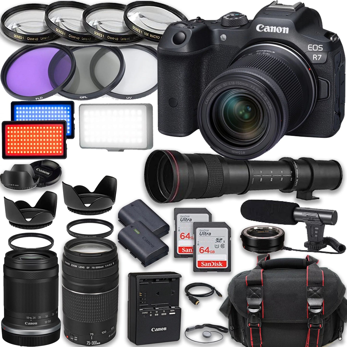 Canon eos r7 mirrorless camera with rf-s 18-150mm is stm + ef 75-300mm iii + 420-800mm hd lenses, accessories included: 2x 64gb memory cards, led video light, microphone, extra battery, case & more