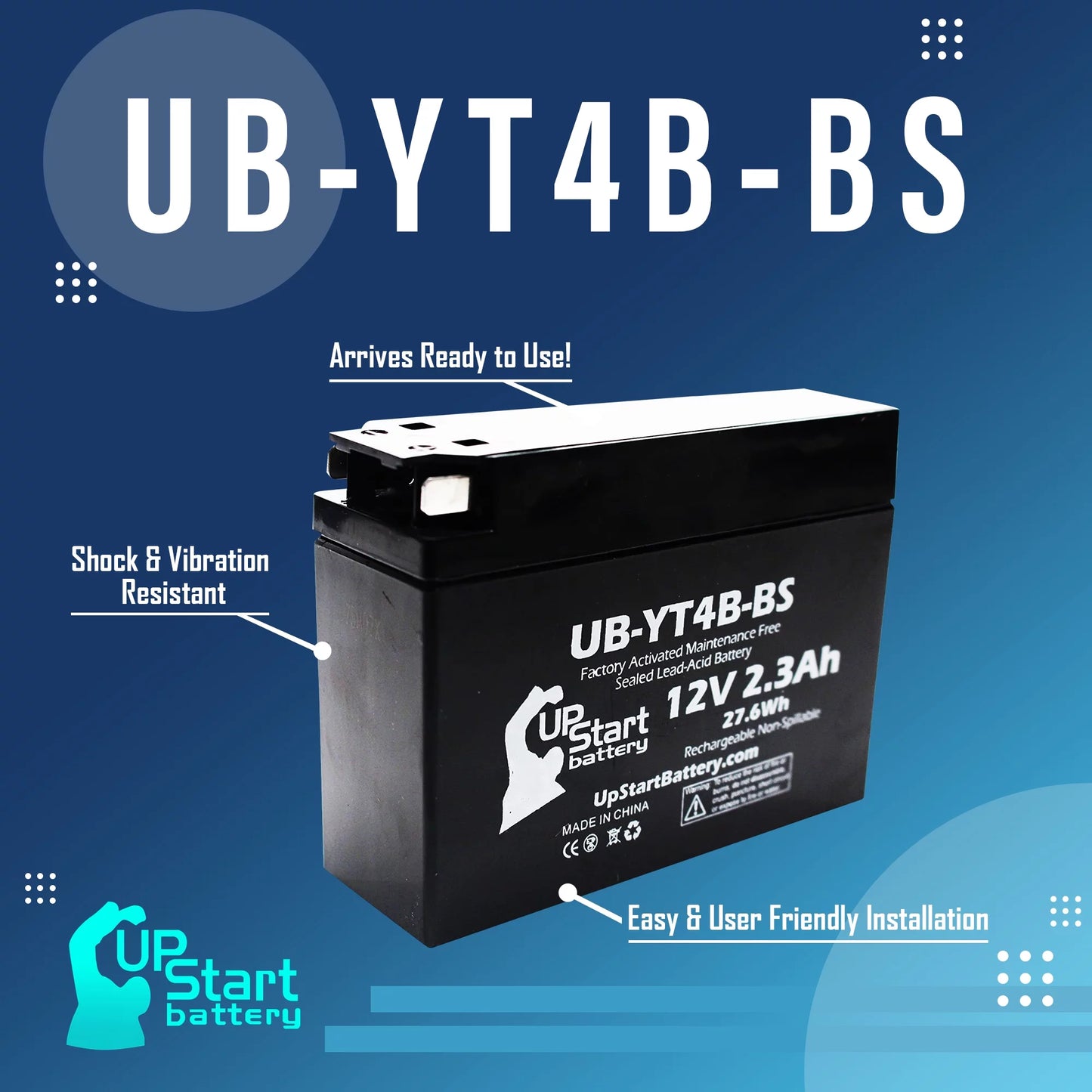 5-pack upstart battery replacement for 2012 yamaha sr400 (fi) 400cc factory activated, maintenance free, motorcycle battery - 12v, 2.3ah, ub-yt4b-bs