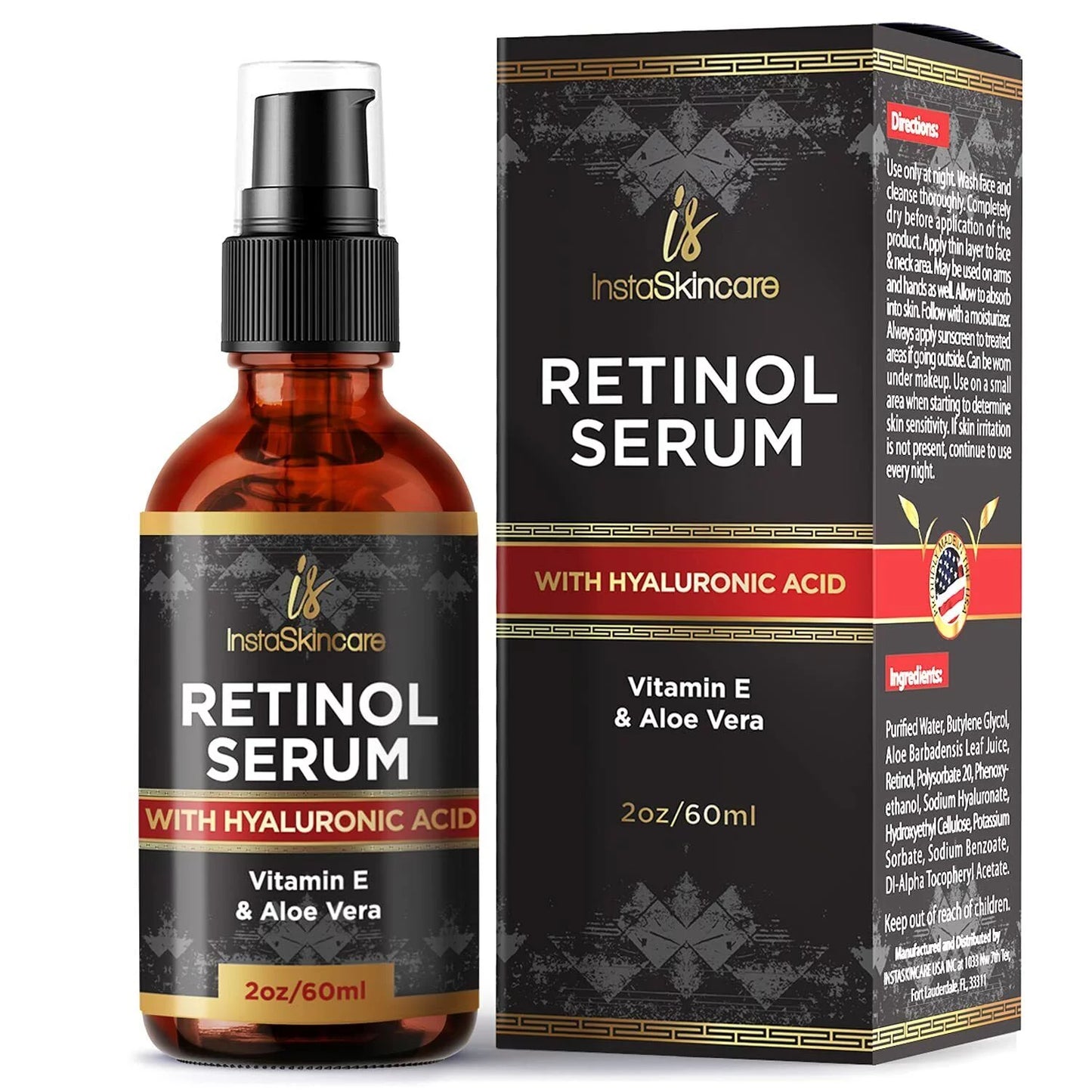 Retinol serum for face anti aging + hyaluronic acid vitamin a e aloe vera 2 fl oz