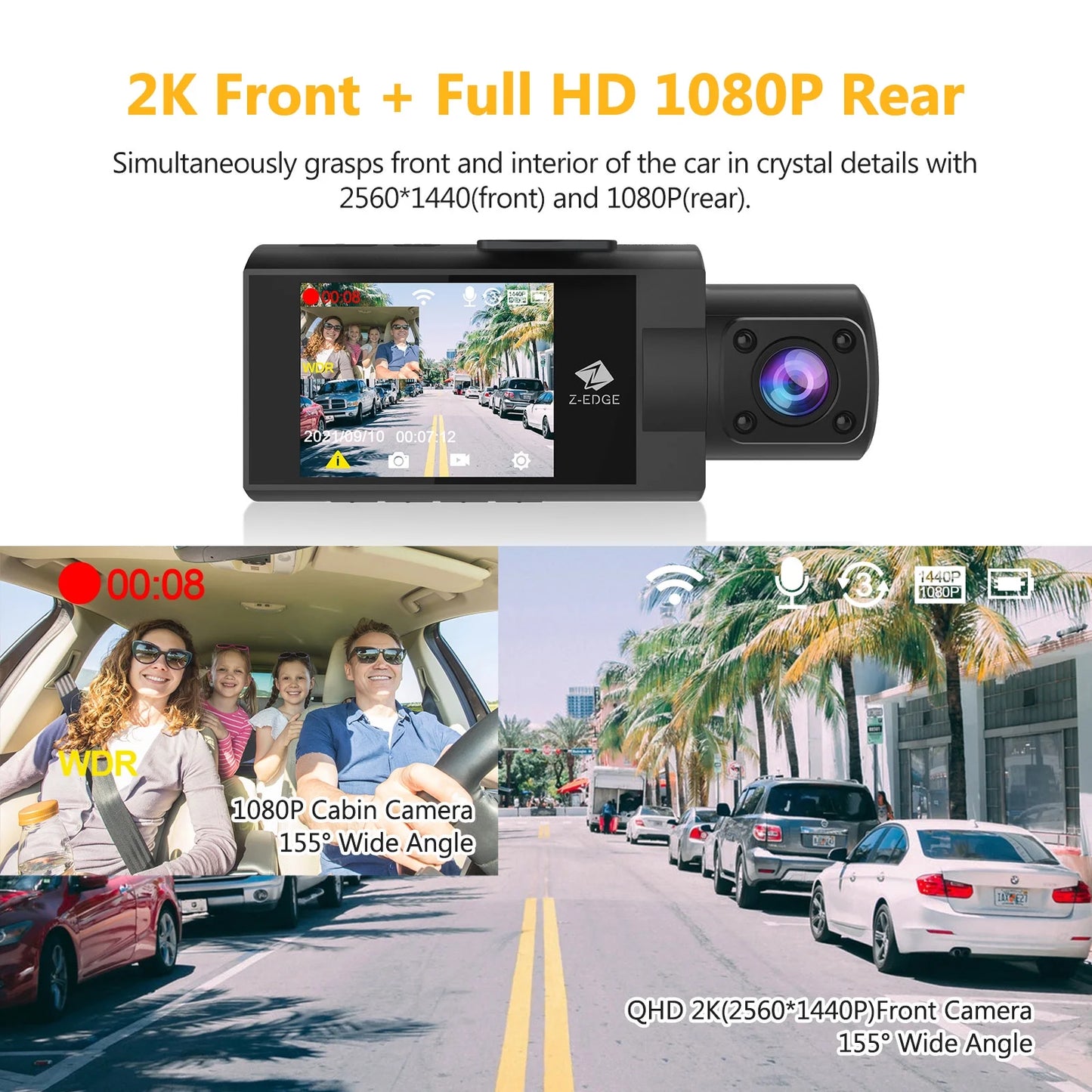 Wifi dash cam, z-edge new version z3pro 2k+1080p front and inside dual dash cam