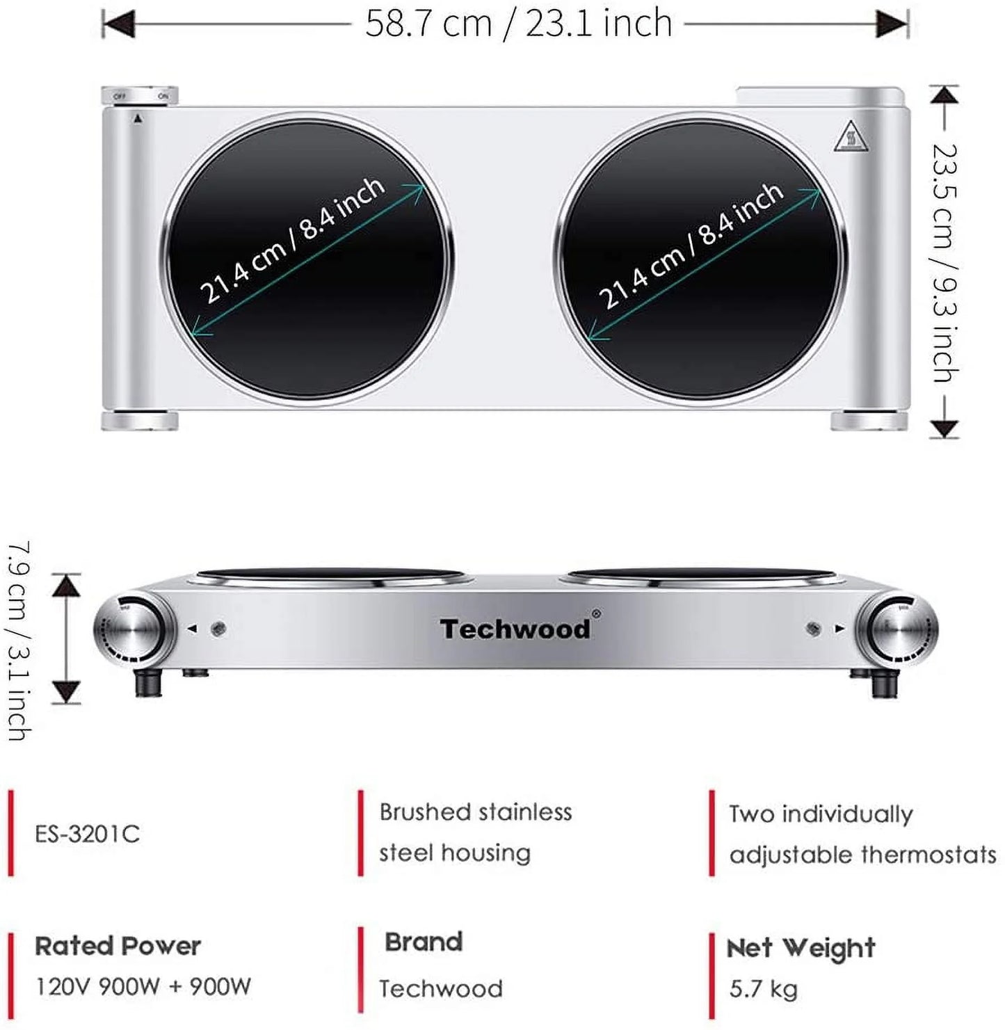 Countertop stove double burner for cooking, infrared ceramic hot plates double cooktop, silver, brushed stainless steel easy to clean upgraded version stainless steel silver double burner