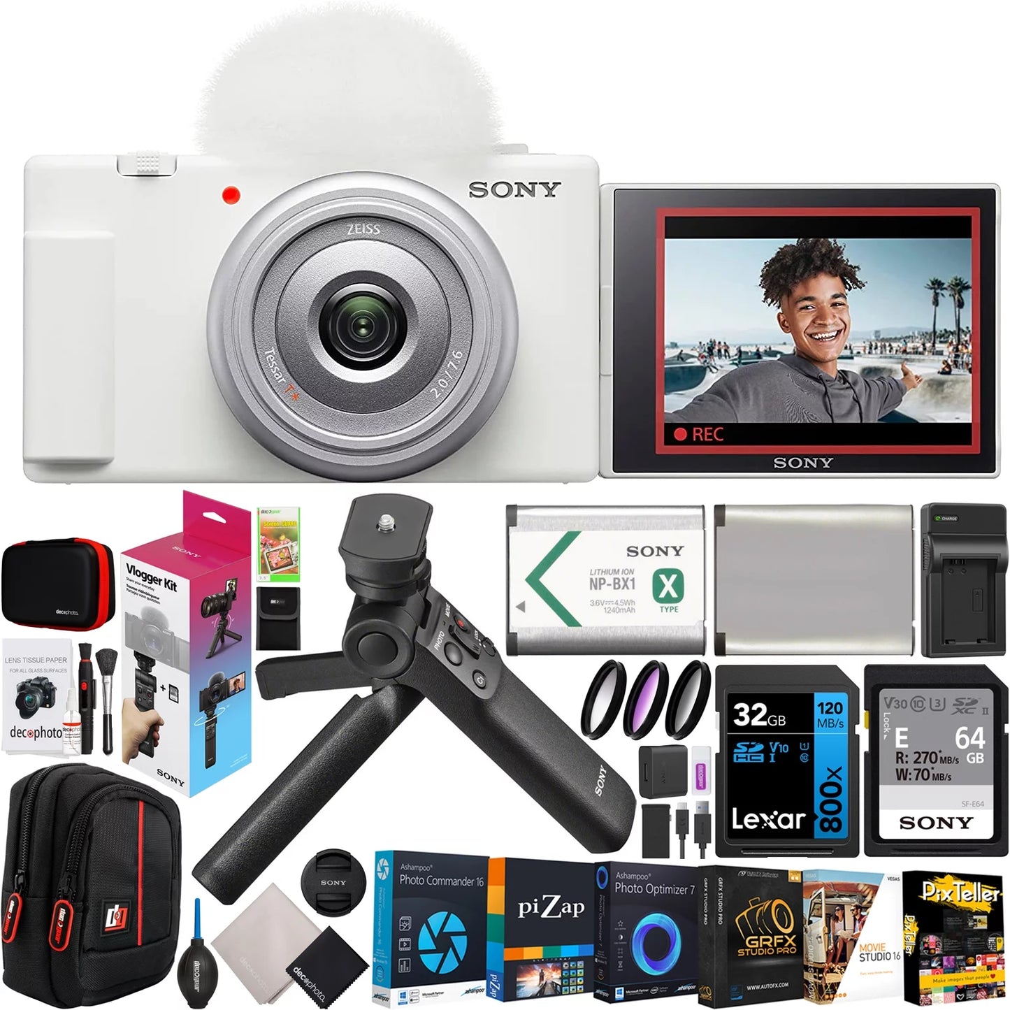 Sony zv-1f vlog camera with 4k video & 20.1mp for content creators and vloggers white zv-1f/w bundle