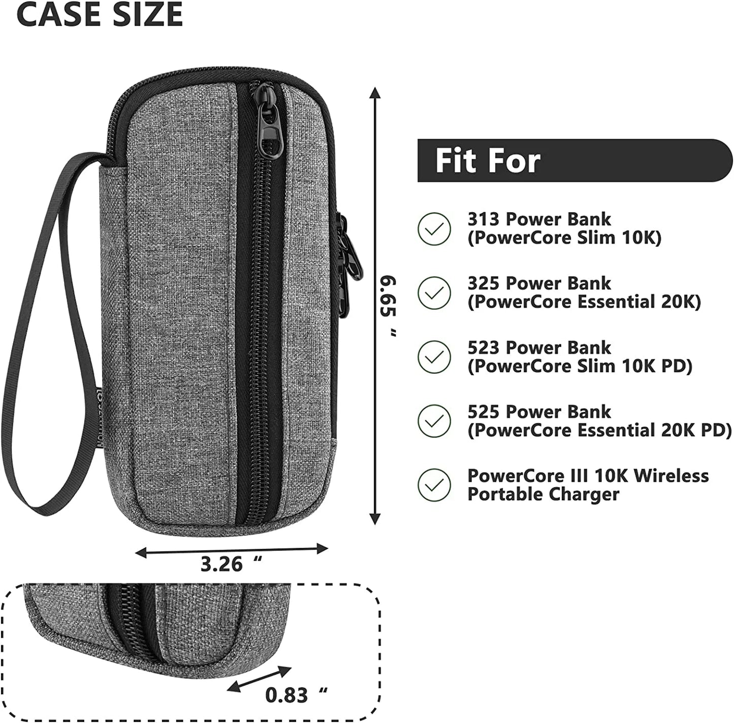 Travel case for anker power bank 313 (powercore slim 10k), 325 (powercore essential 20k), 523 (powercore 10k pd), 525