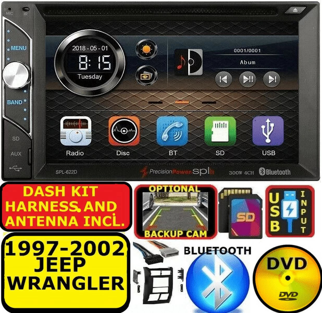 1997-2002 jeep wrangler am/fm bluetooth bt cd dvd usb aux radio stereo pkg