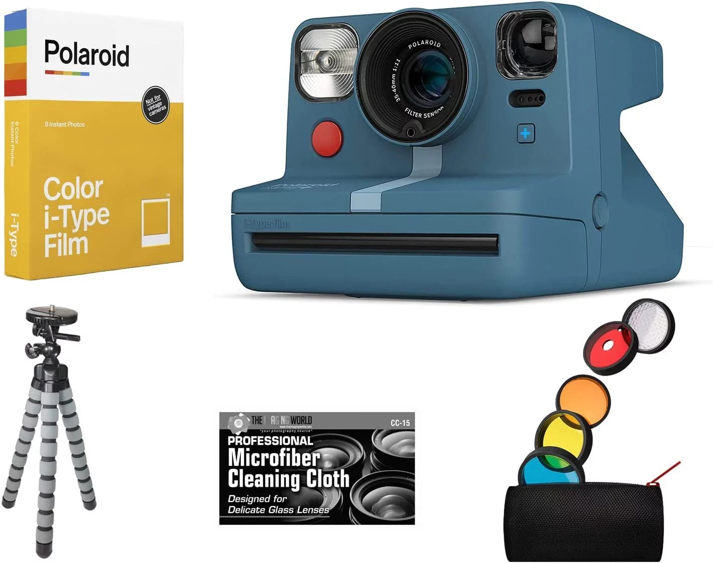 Bundle of polaroid now plus bluetooth connected i-type instant film camera calm blue + table tripod + pack of film + microfiber cloth