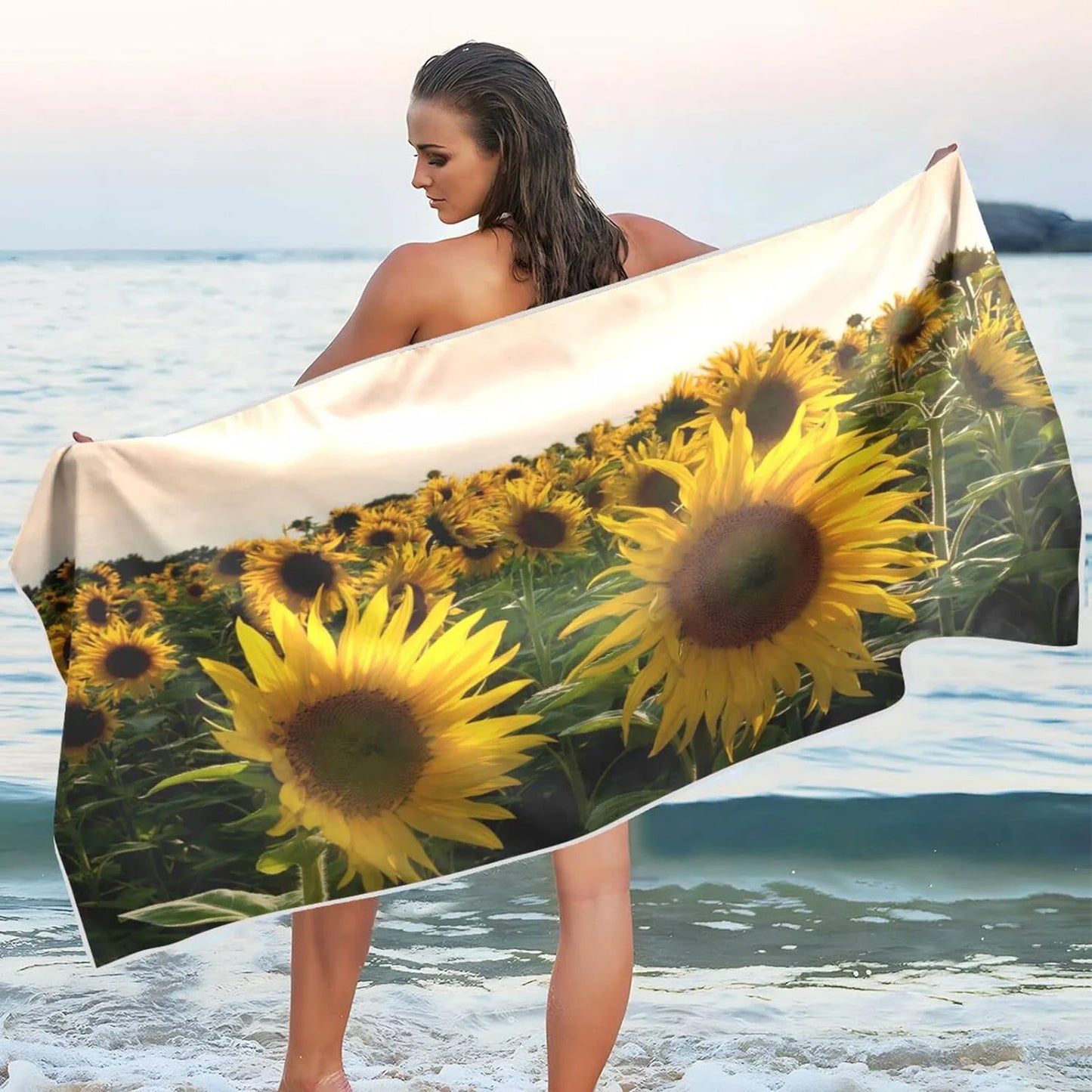 Bestwell sunflower field beach towel - lightweight compact oversized travel towels - super absorbent quick dry towel for swimming camping holiday（363）