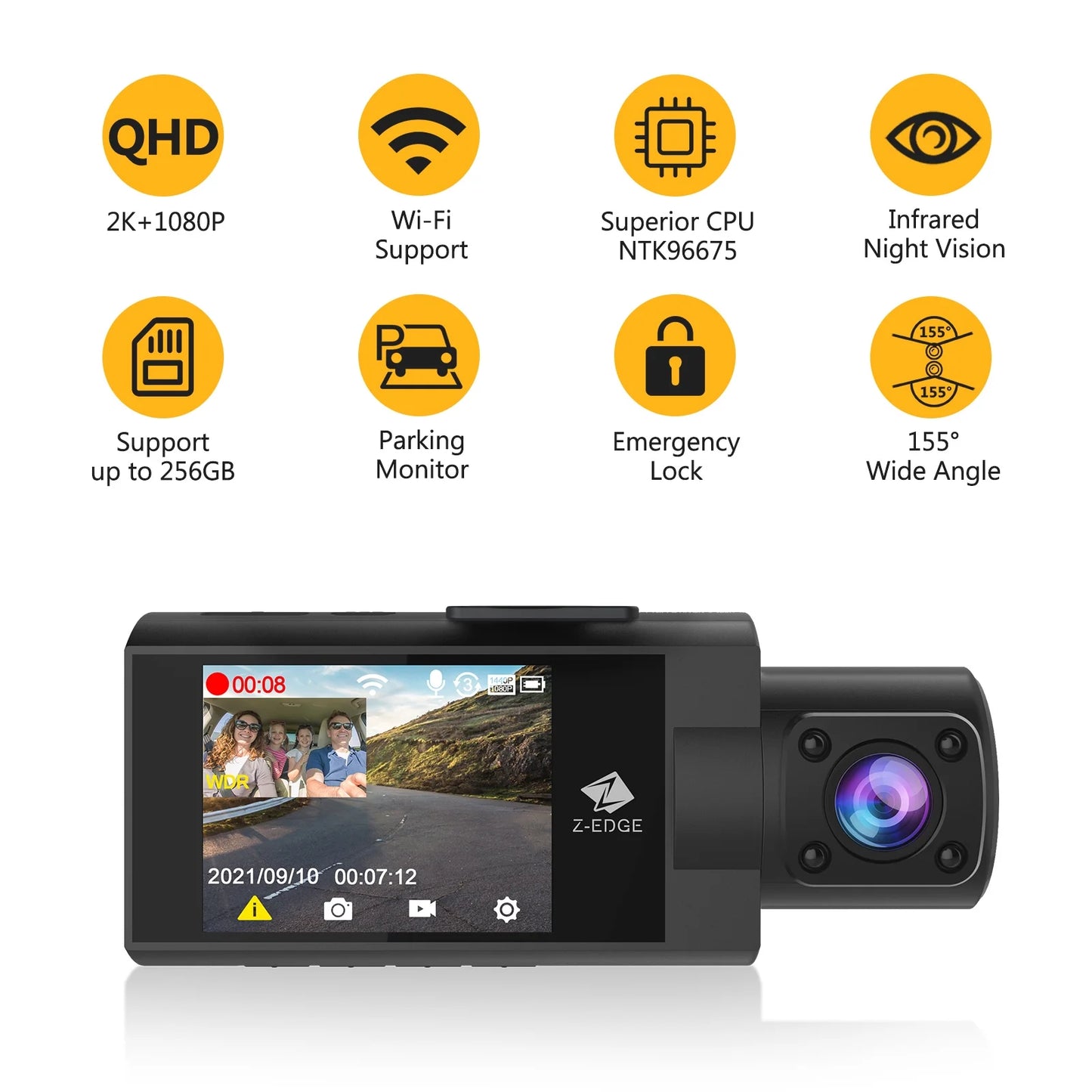 Wifi dash cam, z-edge new version z3pro 2k+1080p front and inside dual dash cam