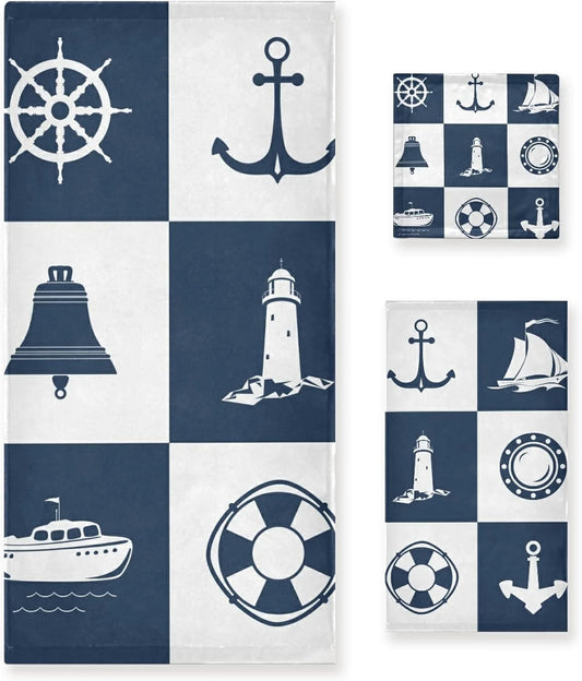 Bestwell bath towel sets for bathroom hand towels fingertip towels sailing vessel anchor lighthouse checked 3 piece decorative soft cotton absorbent