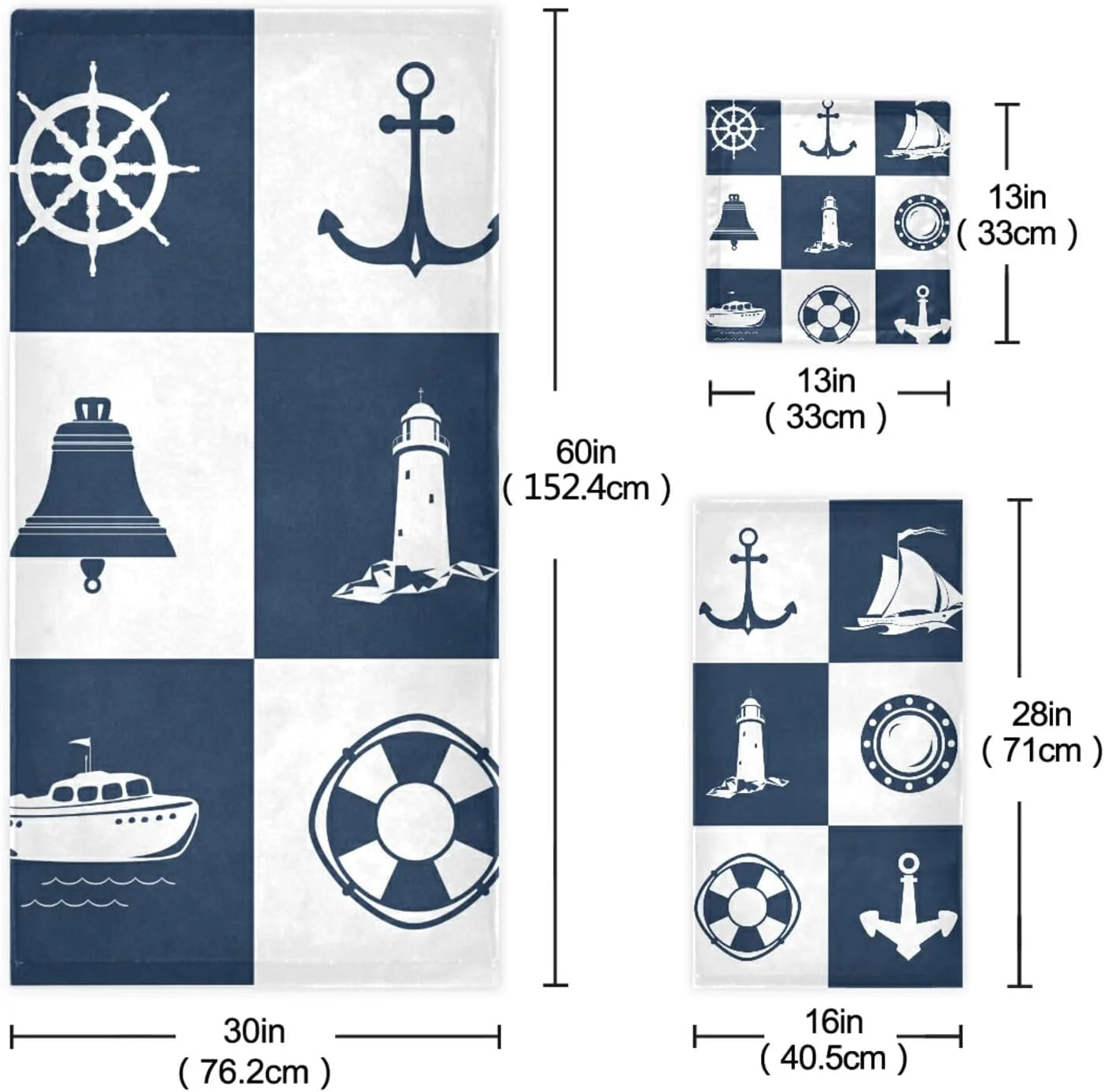 Bestwell bath towel sets for bathroom hand towels fingertip towels sailing vessel anchor lighthouse checked 3 piece decorative soft cotton absorbent