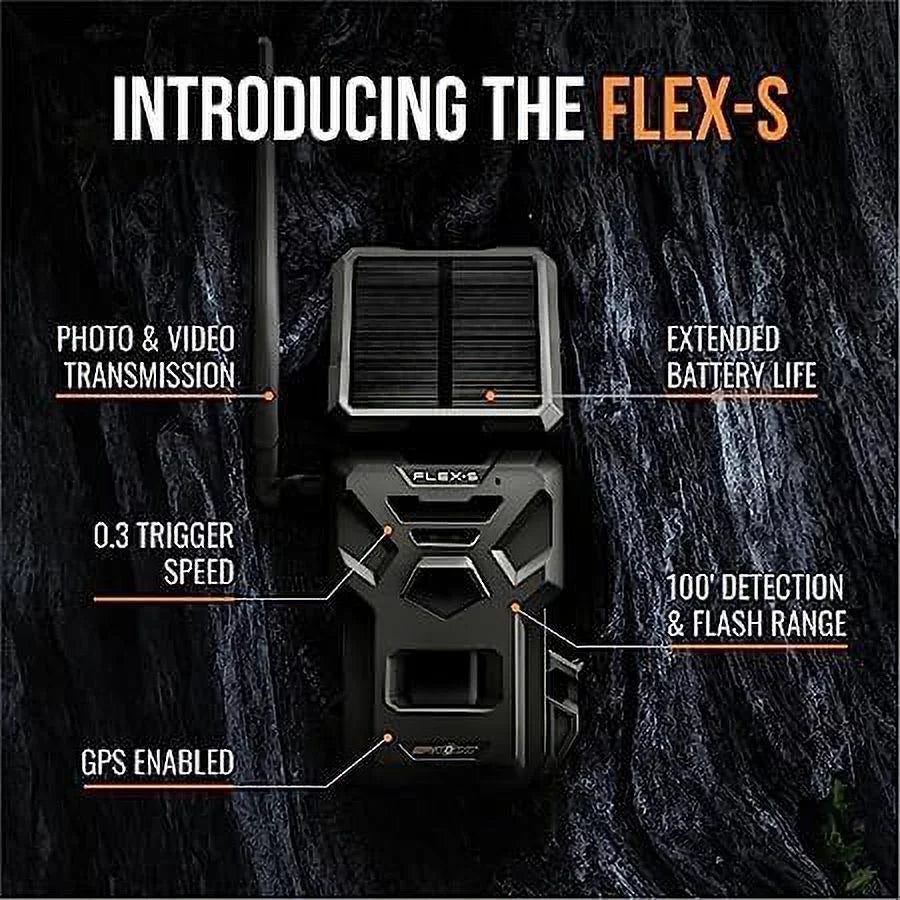 Spypoint flex-s solar cellular trail camera, integrated solar panel, lte connectivity, 100-foot flash/detection range, internal battery, optional battery backup + 32gb micro sd card