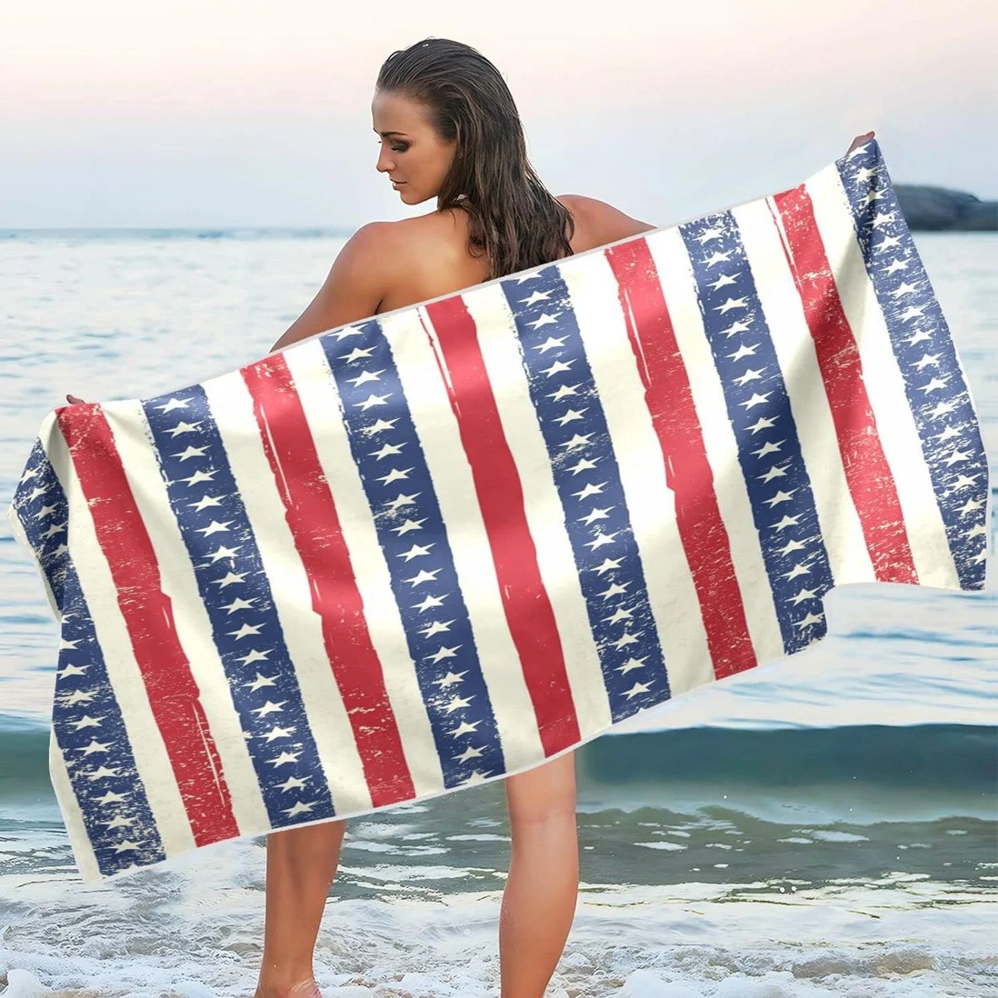 Bestwell american flag stripes beach towel - lightweight compact oversized travel towels - super absorbent quick dry towel for swimming camping holiday（90）