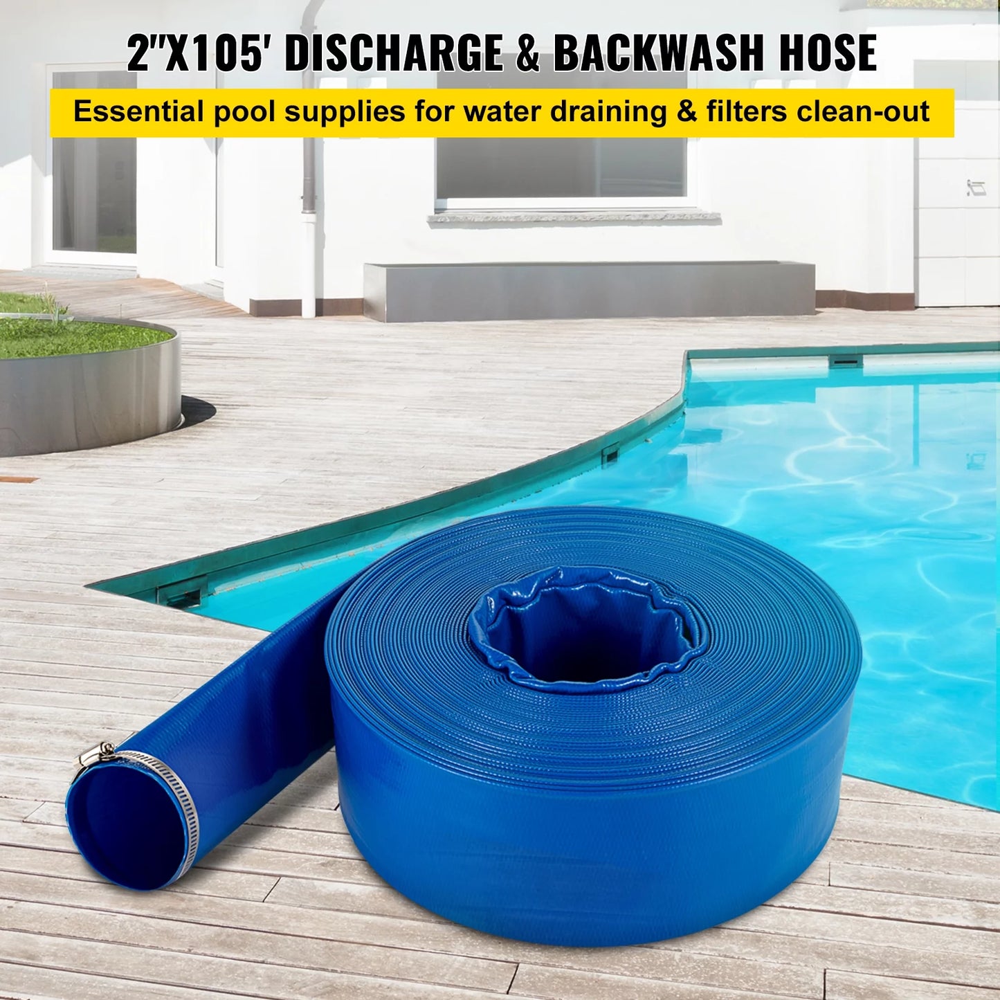 Bentism discharge hose, 2" x 105', pvc fabric lay flat hose, heavy duty backwash drain hose with clamps, weather-proof & burst-proof, ideal for swimming pool & water transfer, blue