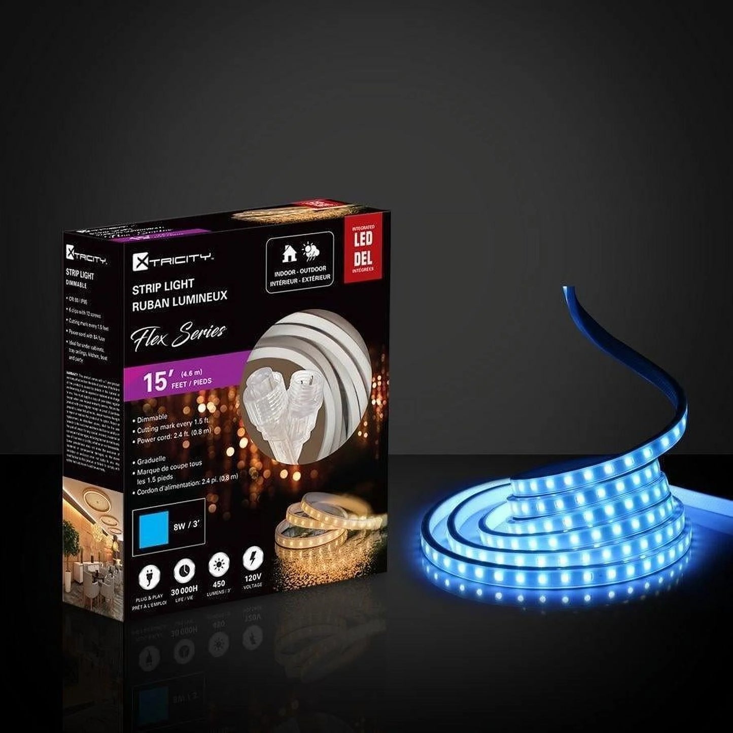 Xtricity flexible led strip 15 feet/8w-3'/120v/blue indoor and outdoor