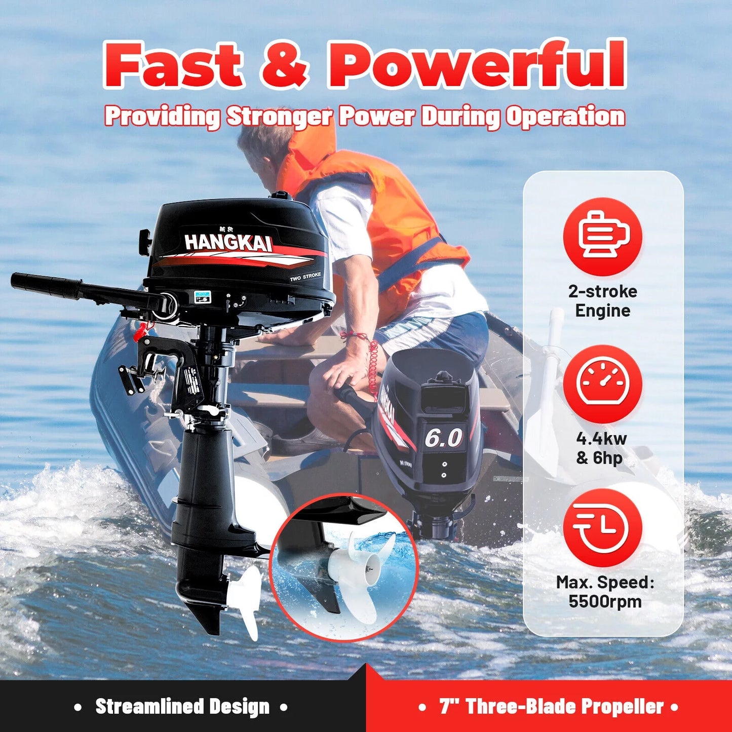 Cncest outboard motor 6 hp 2-stroke inflatable fishing boat motor engine water cooling system