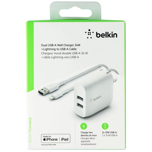 Belkin dual usb wall charger (24w) +  8-pin cable for iphone - white