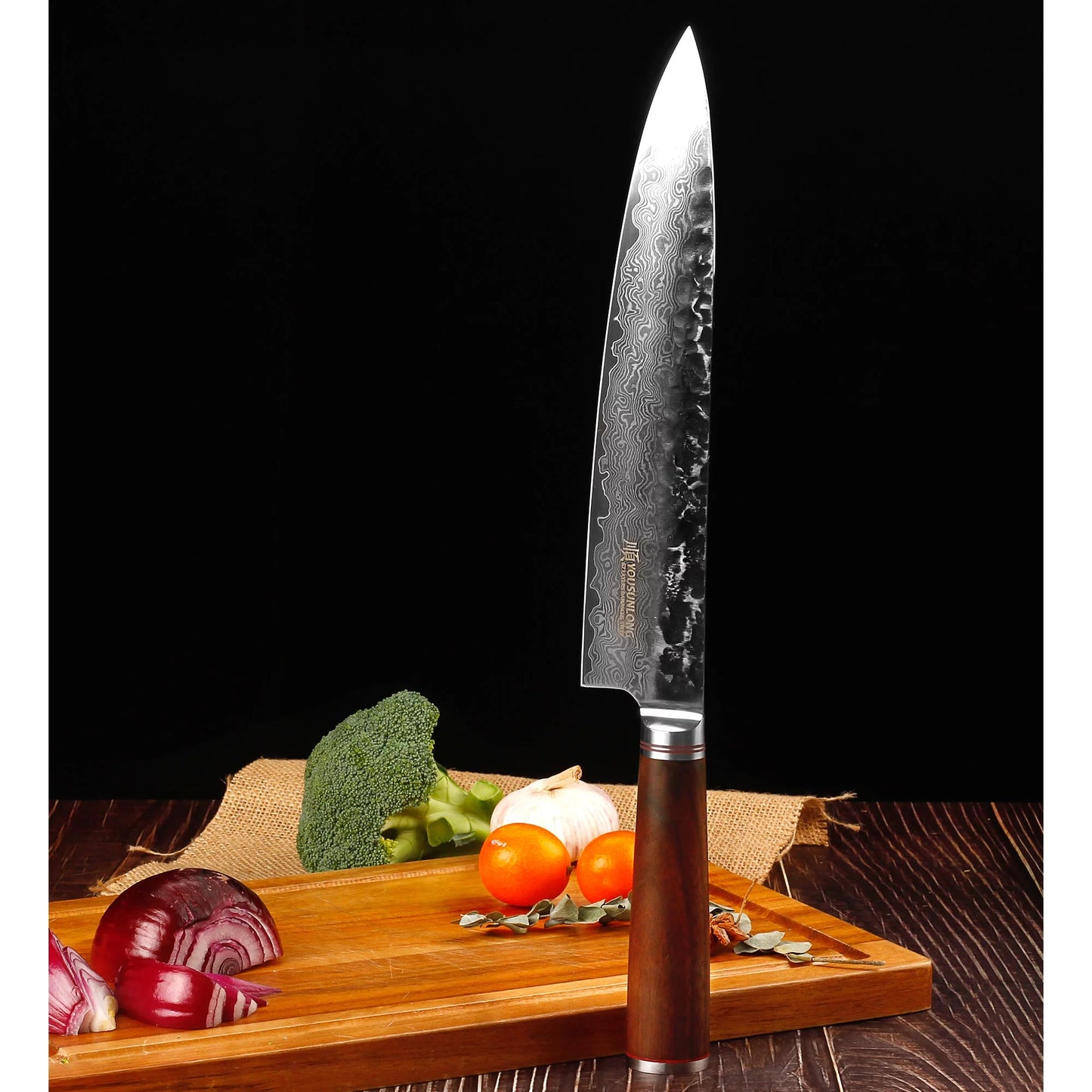 Yousunlong chef knife 12 inch - pro gyuto japanese hammered damascus steel natural walnut wooden handle with leather sheath