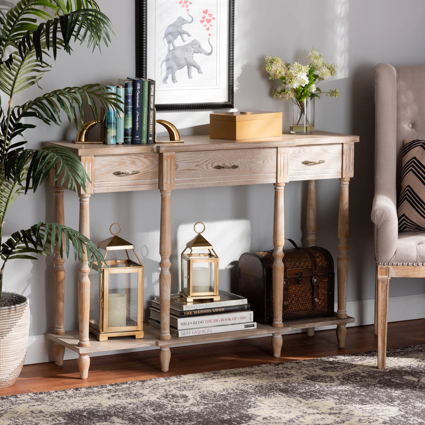 Baxton studio hallan classic and traditional french provincial rustic whitewashed oak brown finished wood 3-drawer console table