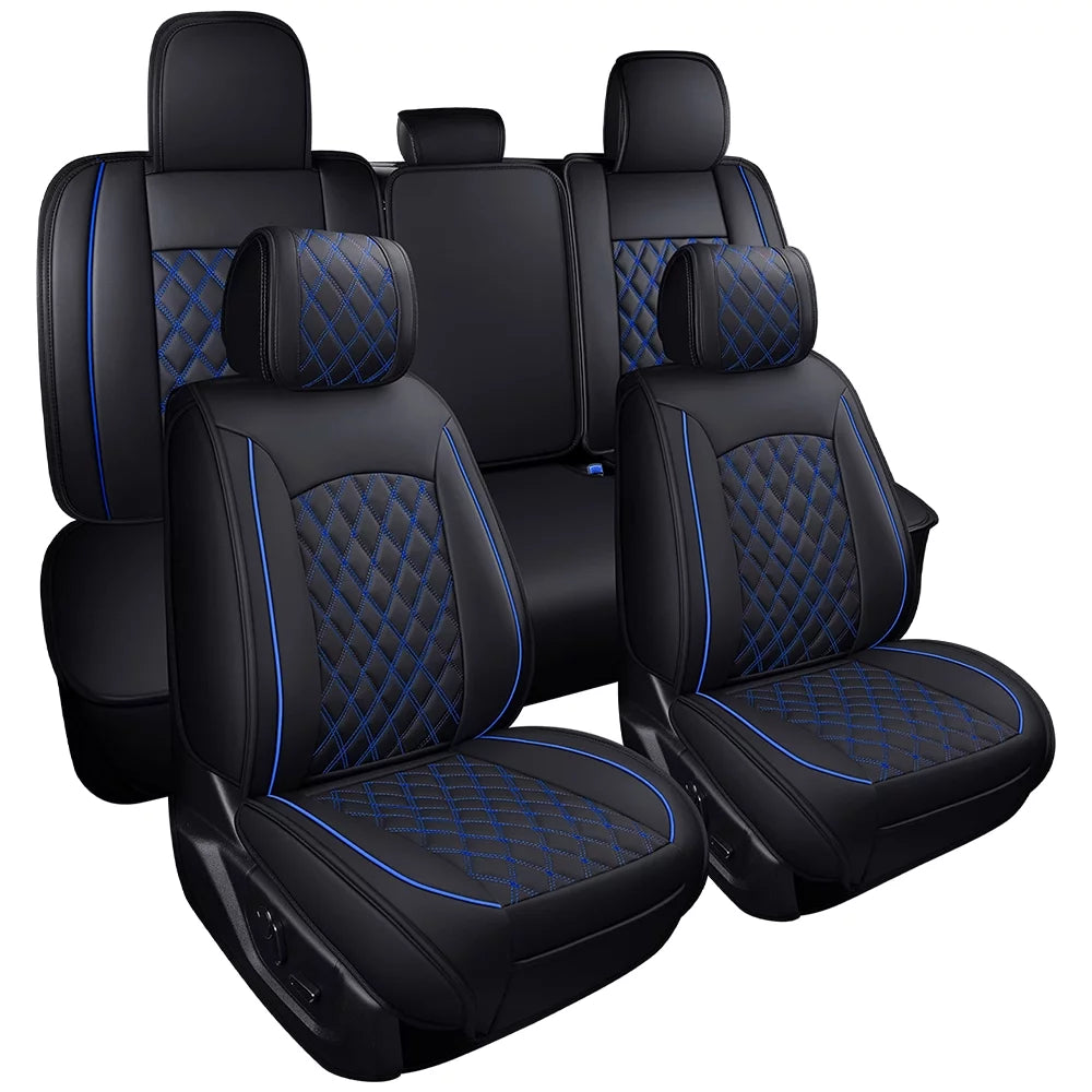 Car seat covers full set with waterproof leather fit for 2009 to 2023 ford f150 and 2017 to 2023 f250 f350 f450,double,extended cab or pickup truck(full set, black-blue)