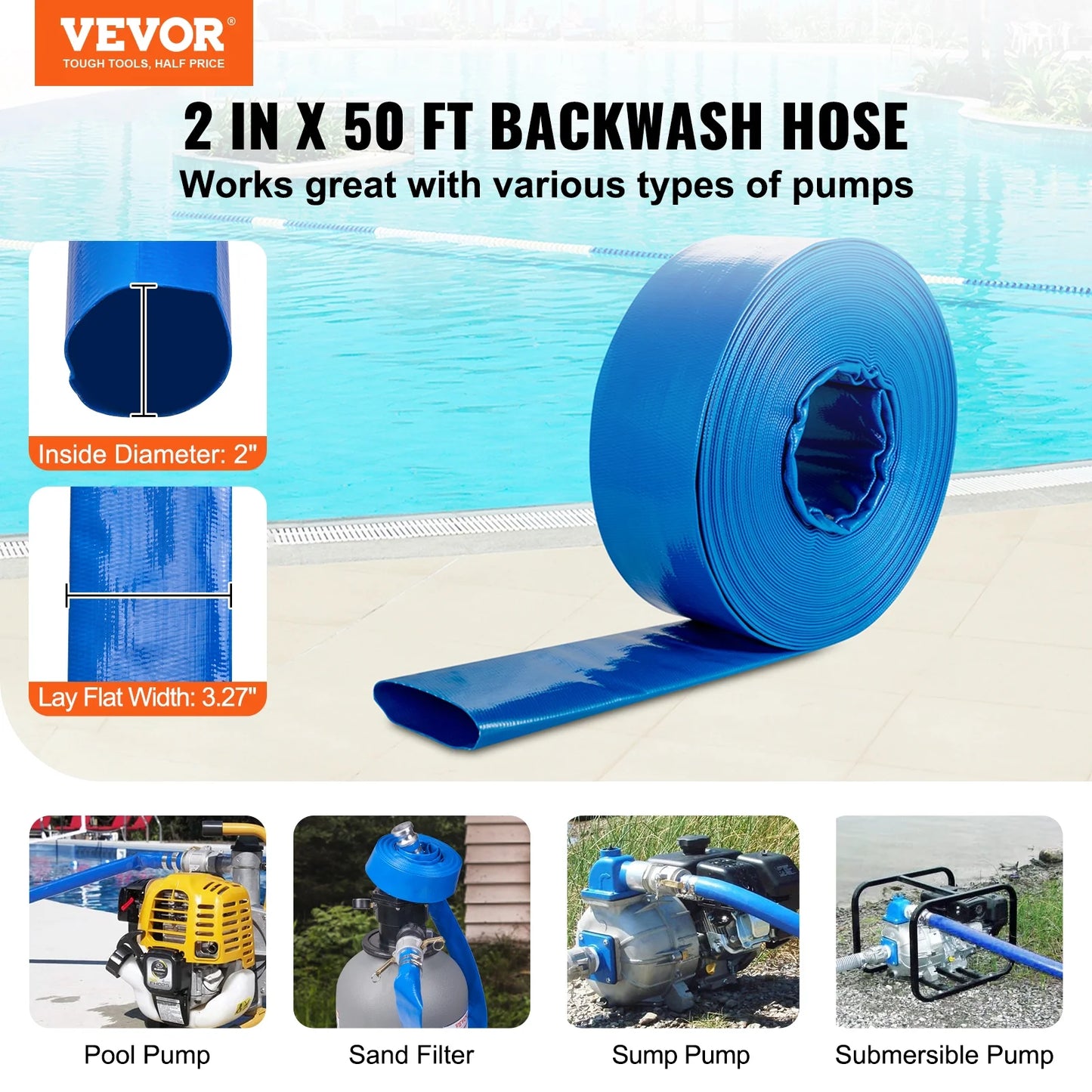 Bentism swimming pool filter backwash hose 2'' x 50' with aluminum joints, great for water disposal, pvc discharge hose with camlock c & e fittings