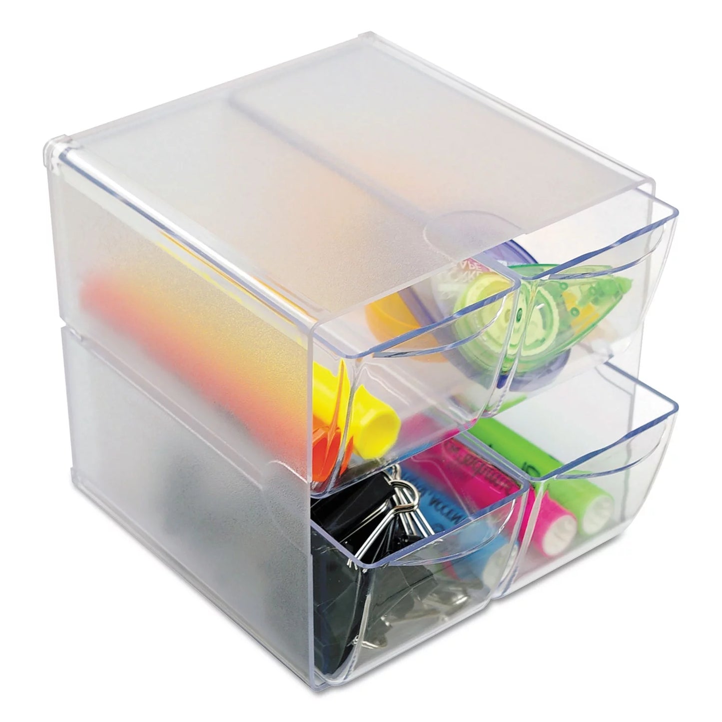 1pc deflecto stackable cube organizer, 4 compartments, 4 drawers, plastic, 6 x 7.2 x 6, clear