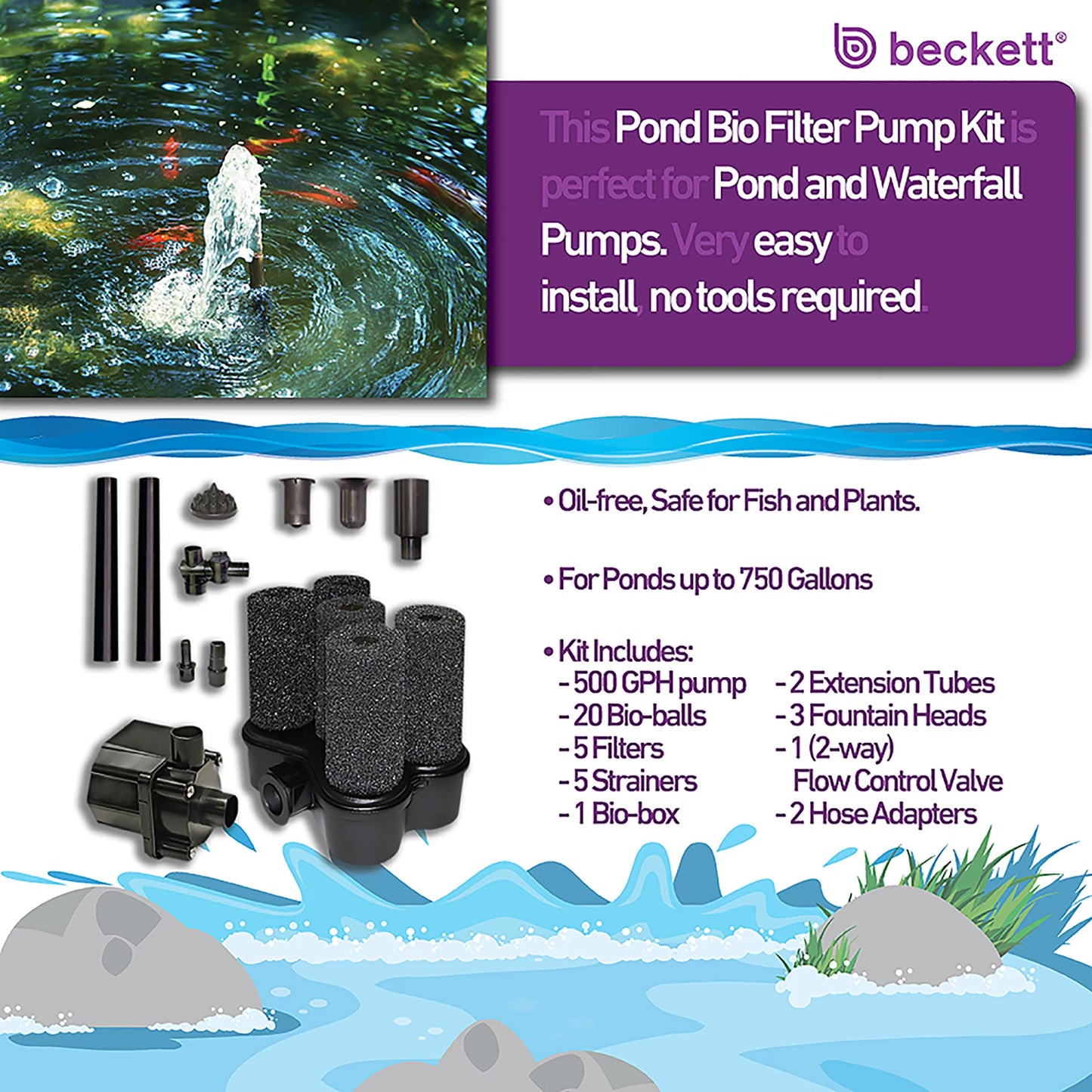 Beckett 500 gph 38 watt submersible biological pond pump kit w/fountain nozzles, filters, bio-balls filtration media supports beneficial bacteria for ponds, waterfalls, water gardens