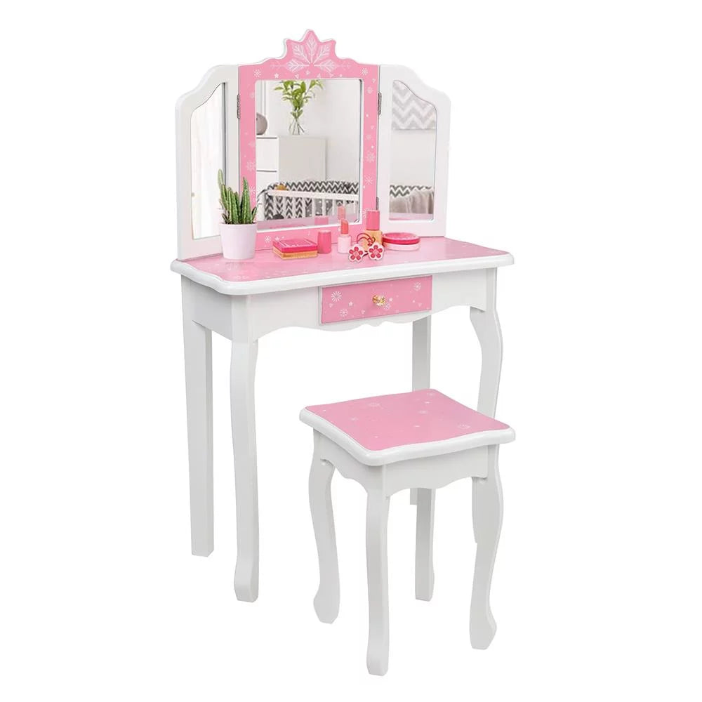 Salonmore snow style wooden kids vanity makeup desk w/ mirror,stool,drawer pink