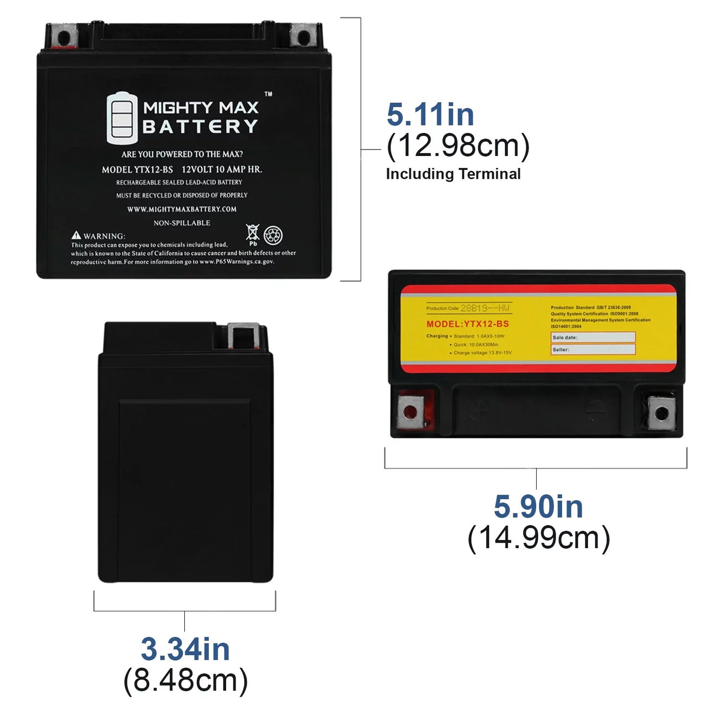 Ytx12-bs 12v 10ah replacement battery for protek ytx12-bs