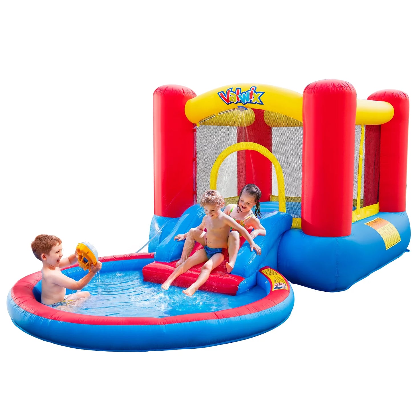 Valwix inflatable bounce house with blower for kids 3-5 years , bouncy castle waterslide & pool for wet dry combo, bouncer with repair kits, fun bounce area with basketball hoop