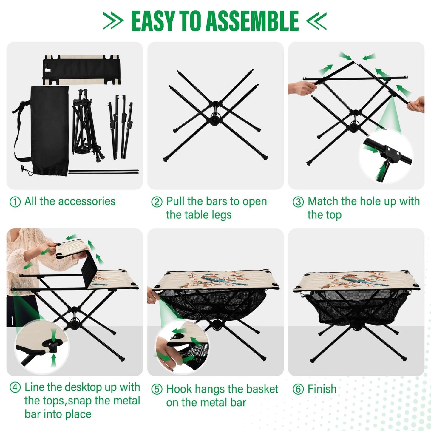 Birds on flower branches camping folding table portable beach table with storage bag compact picnic table for outdoor travel fishing bbq