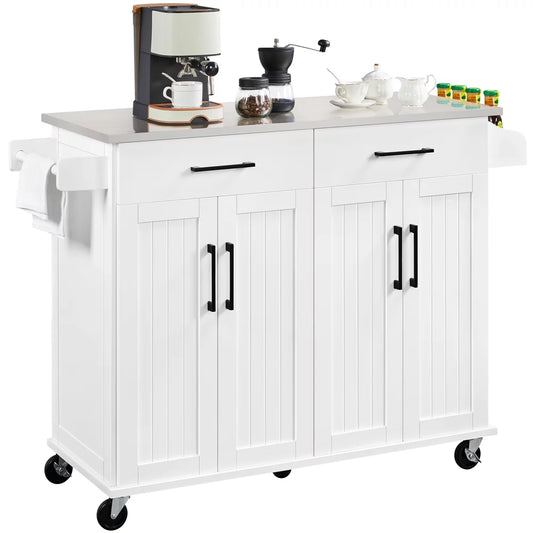 Yaheetech kitchen island with storage drawers & cabinets & towel bar & spice rack, white