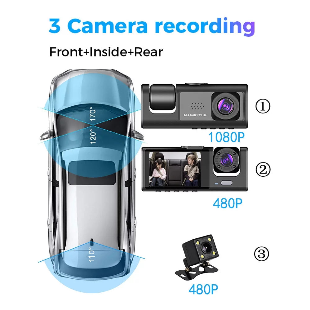 Ammoon 3 camera dash cam with wifi, clear car video recorder for auto safety driving