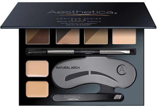 Aesthetica brow contour kit - 16-piece eyebrow makeup palette - 6 eyebrow powders, 5 eyebrow stencils, spoolie/brush duo, tweezers, brow wax, highlighter, concealer & instructions