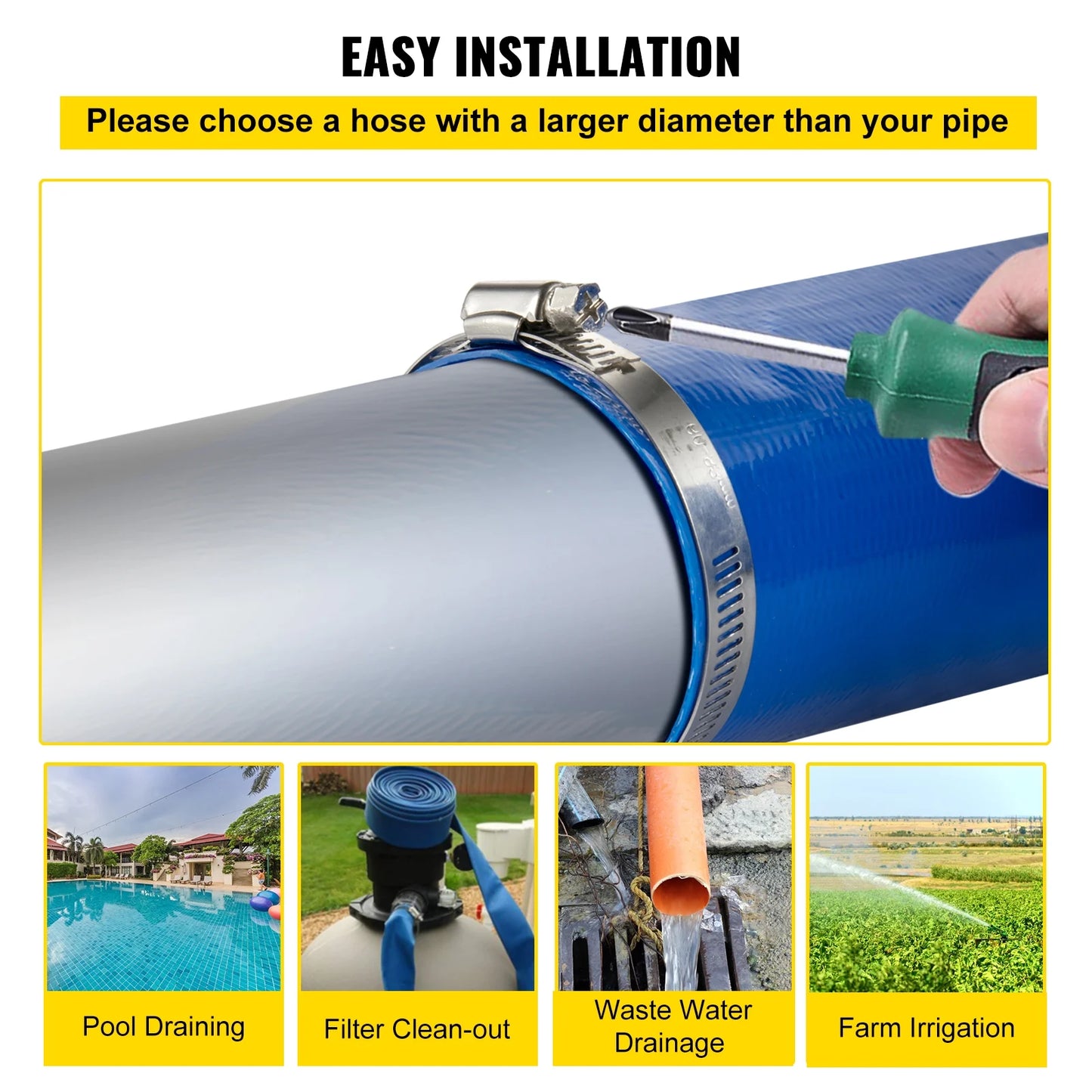 Bentism discharge hose, 2" x 105', pvc fabric lay flat hose, heavy duty backwash drain hose with clamps, weather-proof & burst-proof, ideal for swimming pool & water transfer, blue