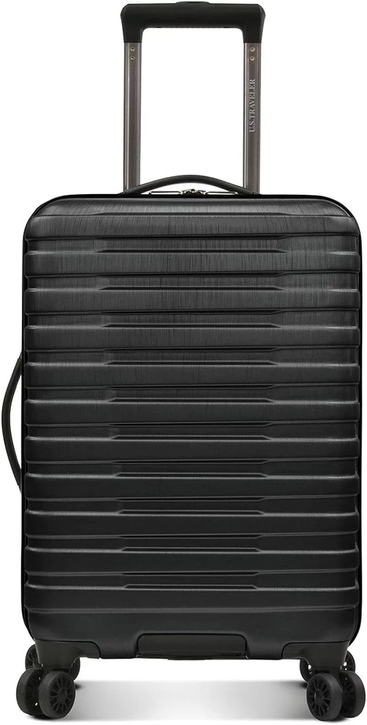 U.s. traveler boren polycarbonate hardside rugged travel suitcase luggage with 8 spinner wheels, aluminum handle, black, carry-on 22-inch, usb port