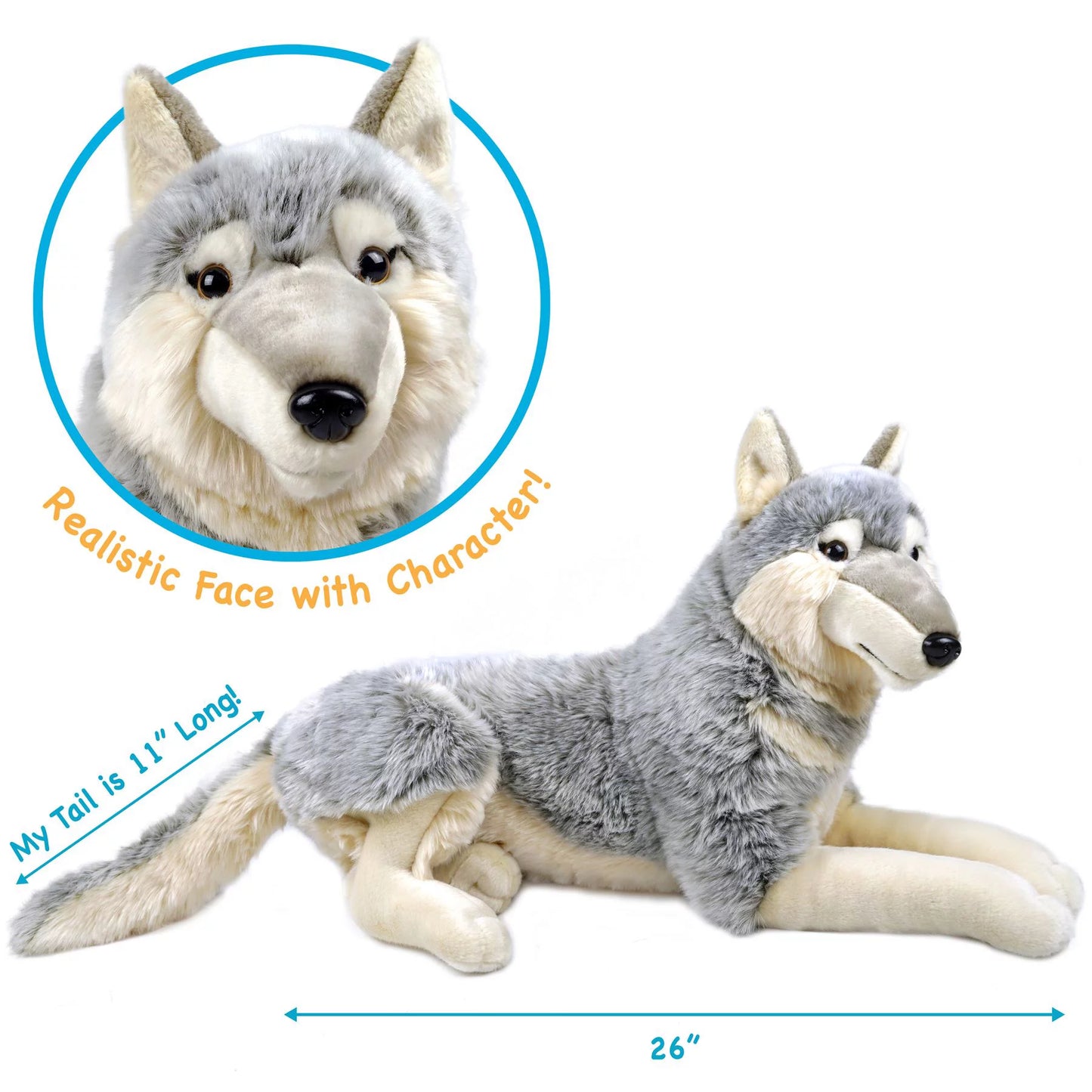 Winry the wolf - 27 inch (not including tail measurement) stuffed animal plush dog - by tiger tale toys