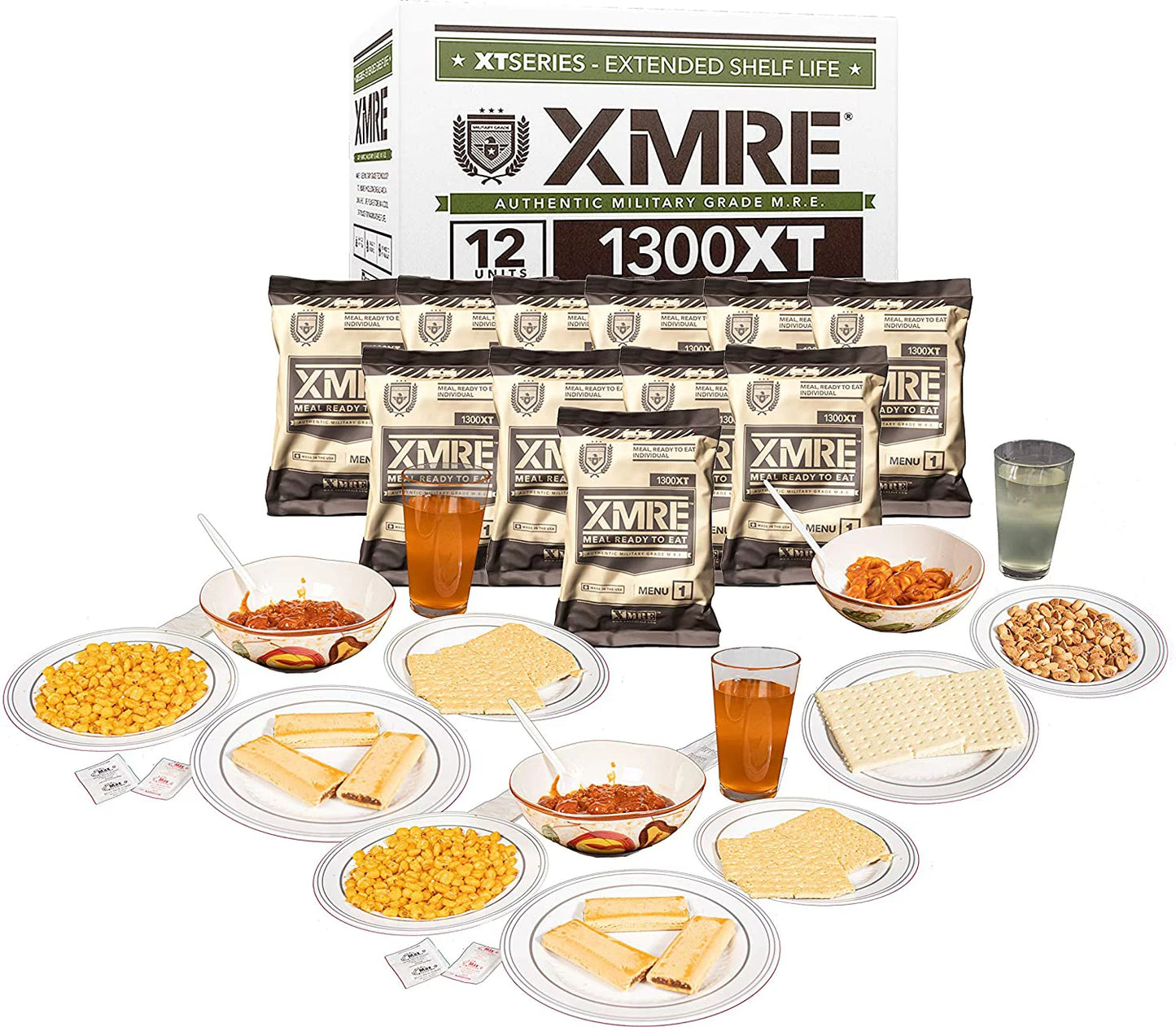 Xmre 1300xt freshly packed in the past 60 days mre meals ready to eat. 12 meals per case. includes assortment of delicious entrees, side dishes, beverage mix, military style 1300 calories.