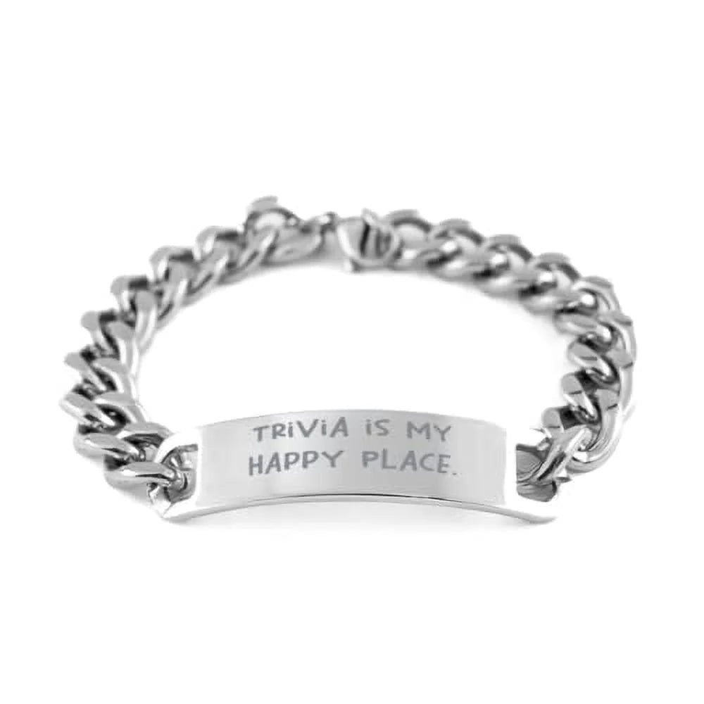 Amangny trivia is my happy place. cuban chain bracelet, trivia present from, motivational engraved bracelet for friends