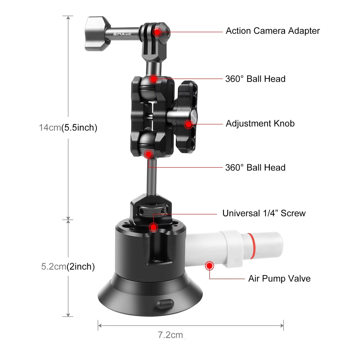 Anself suction cup mount for camera, car bracket dual 360° ballheads replacement, compatible with 11/10/9/8, osmo 3/2