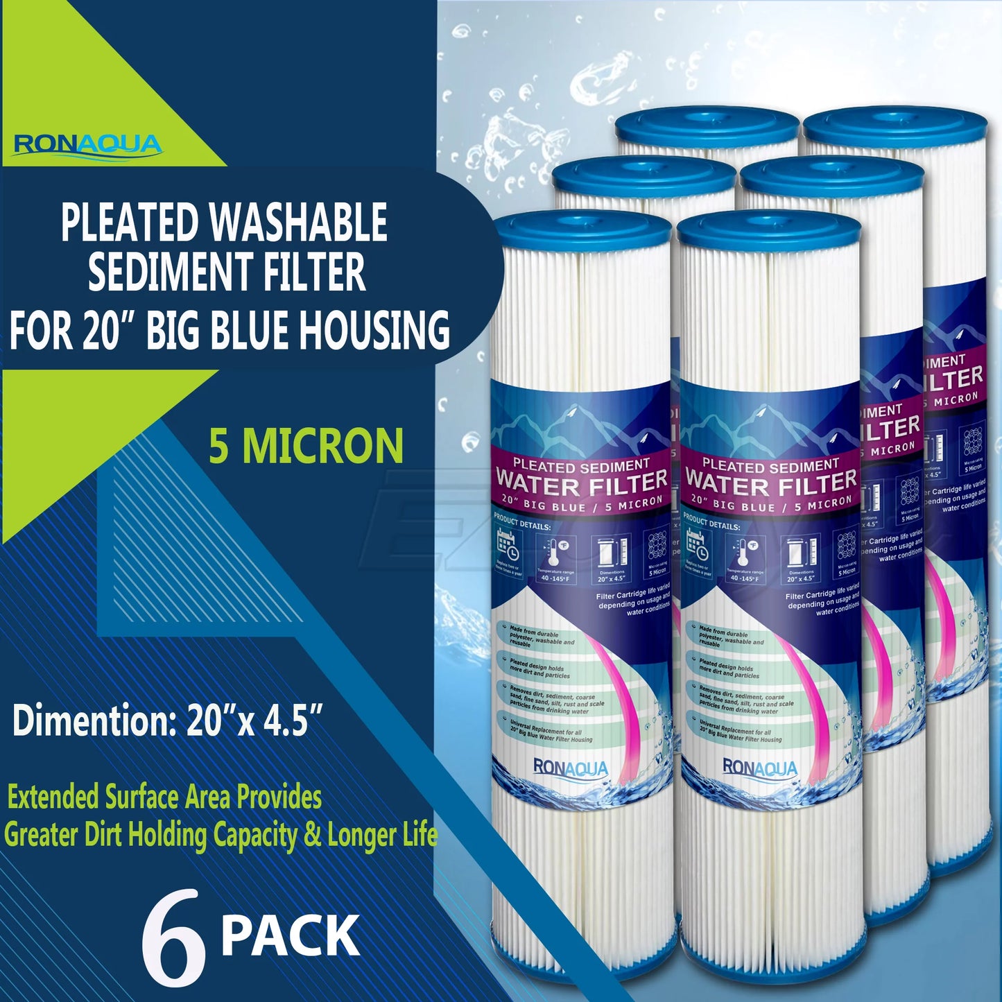 Big blue pleated washable & reusable sediment filter 5 micron amplified surface area, removes sand, dirt, silt, rust, extended filter life for 20" big blue housing, by ronaqua (set of 6)