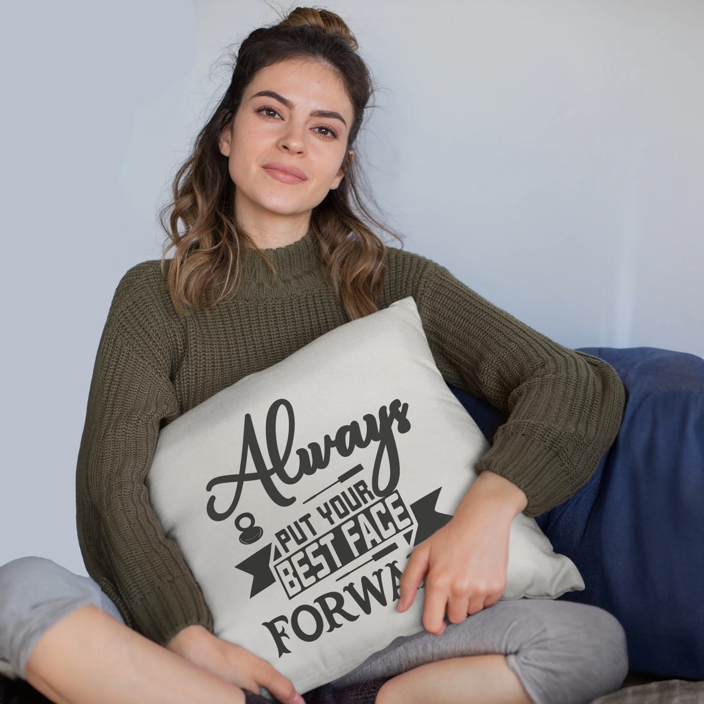 Always put your best face forward, words of wisdom - beauty themed merch for makeup artist or cosmetologist, gift for makeup lovers, pillow cover, white 20x20 in