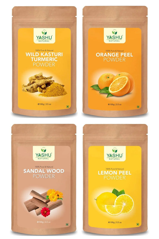 Yashu organic lemon peel orange peel kasturi turmeric haldi sandalwood face powder for glowing skin | detan & brightening combo pack of 4 (400gm)