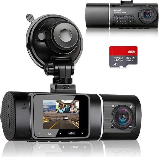 Abask j05 dashcam front and inside dual 1080p fhd - angle 170°/140° with night vision,parking mode,g-sensor,loop recording,wdr - with 32gb card