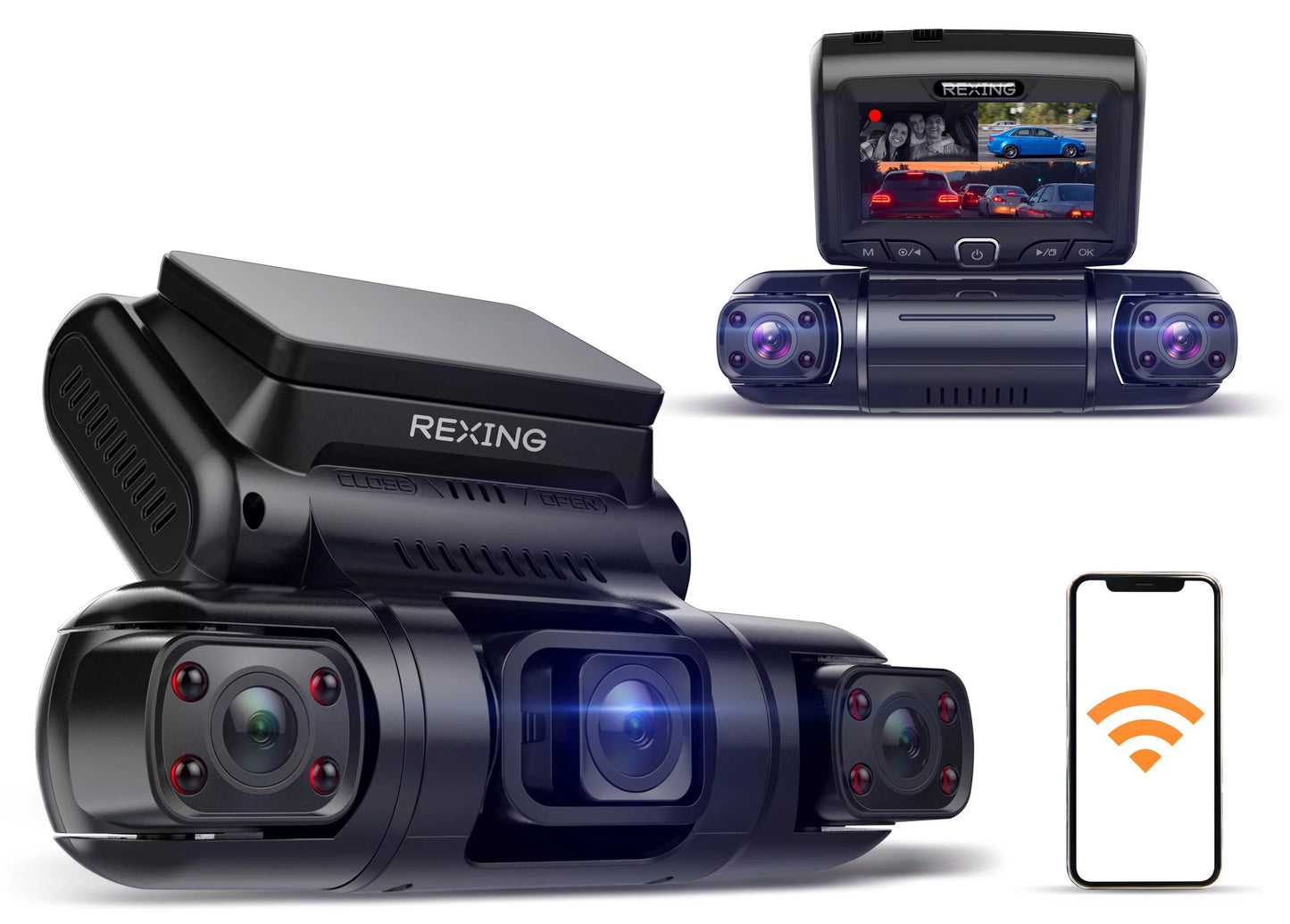 Rexing s3 3-channel dash cam front, cabin, sides 1080p+1080p+1080p